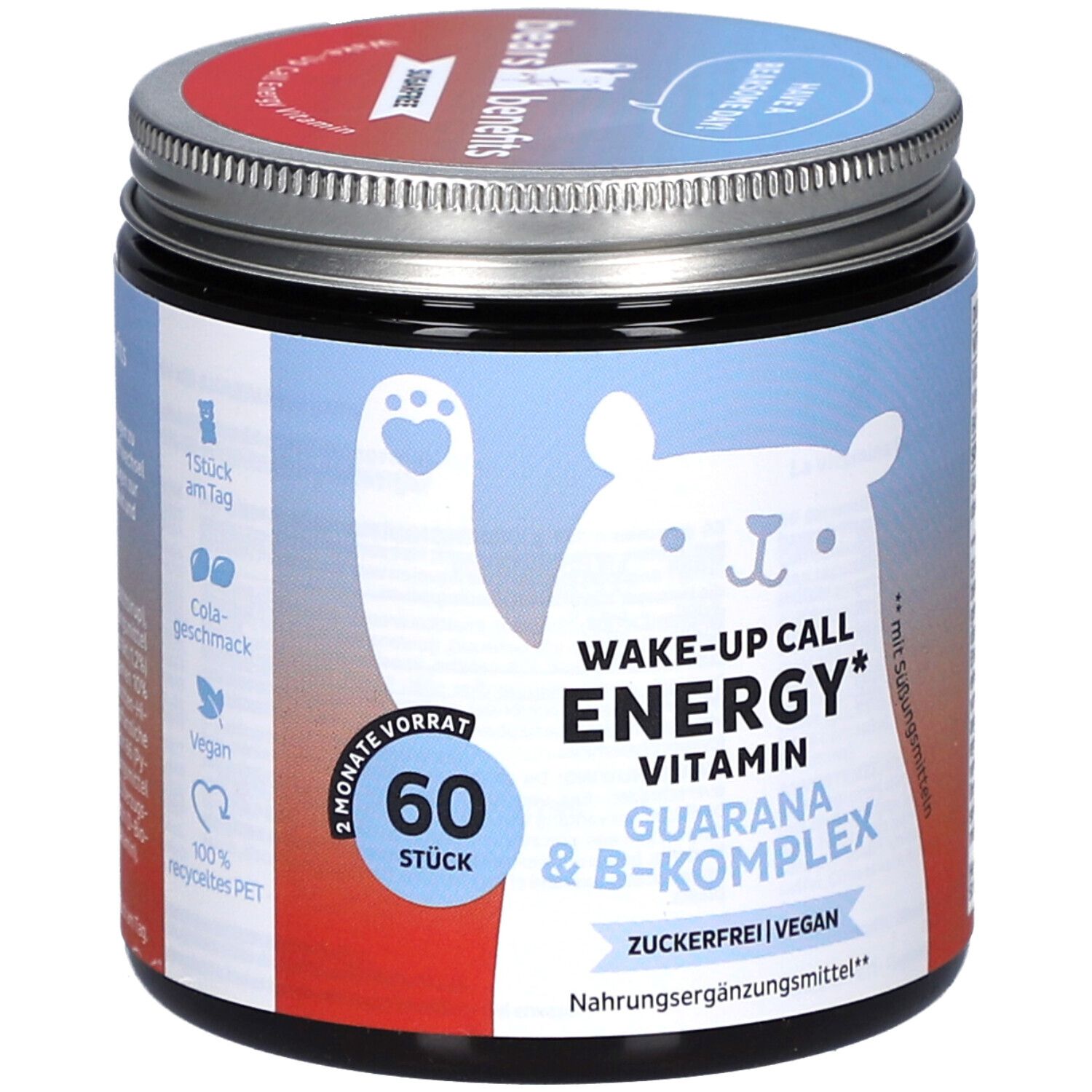 Pot avec inscription "WAKE-UP CALL ENERGY", illustration d'ours, 60 pièces. Contient guarana, complexe B, sans sucre, végétalien. Couvercle avec logo "BEAR WITH BENEFITS".