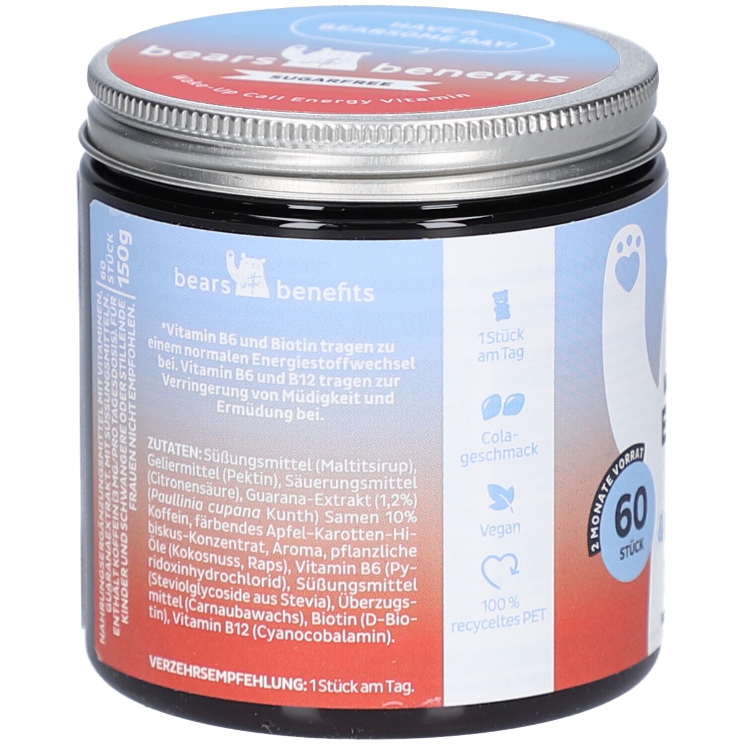 Pot avec logo "BEAR WITH BENEFITS". Contient 150g. Liste des ingrédients, recommandation de consommation: 1 pièce par jour. Contient 60 pièces. Végétalien, sans sucre, 100% PET recyclé.