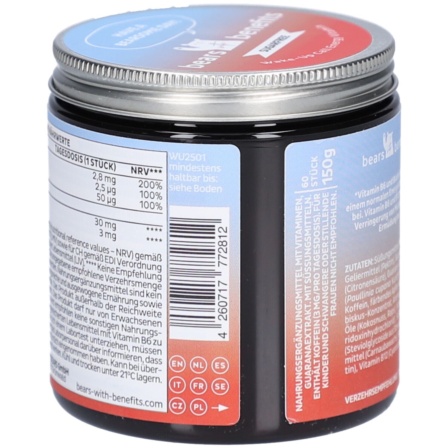 Pot avec logo "BEAR WITH BENEFITS". Dos avec informations nutritionnelles et ingrédients. Contient 150g. Code-barres et adresse du site web: bears-with-benefits.com.