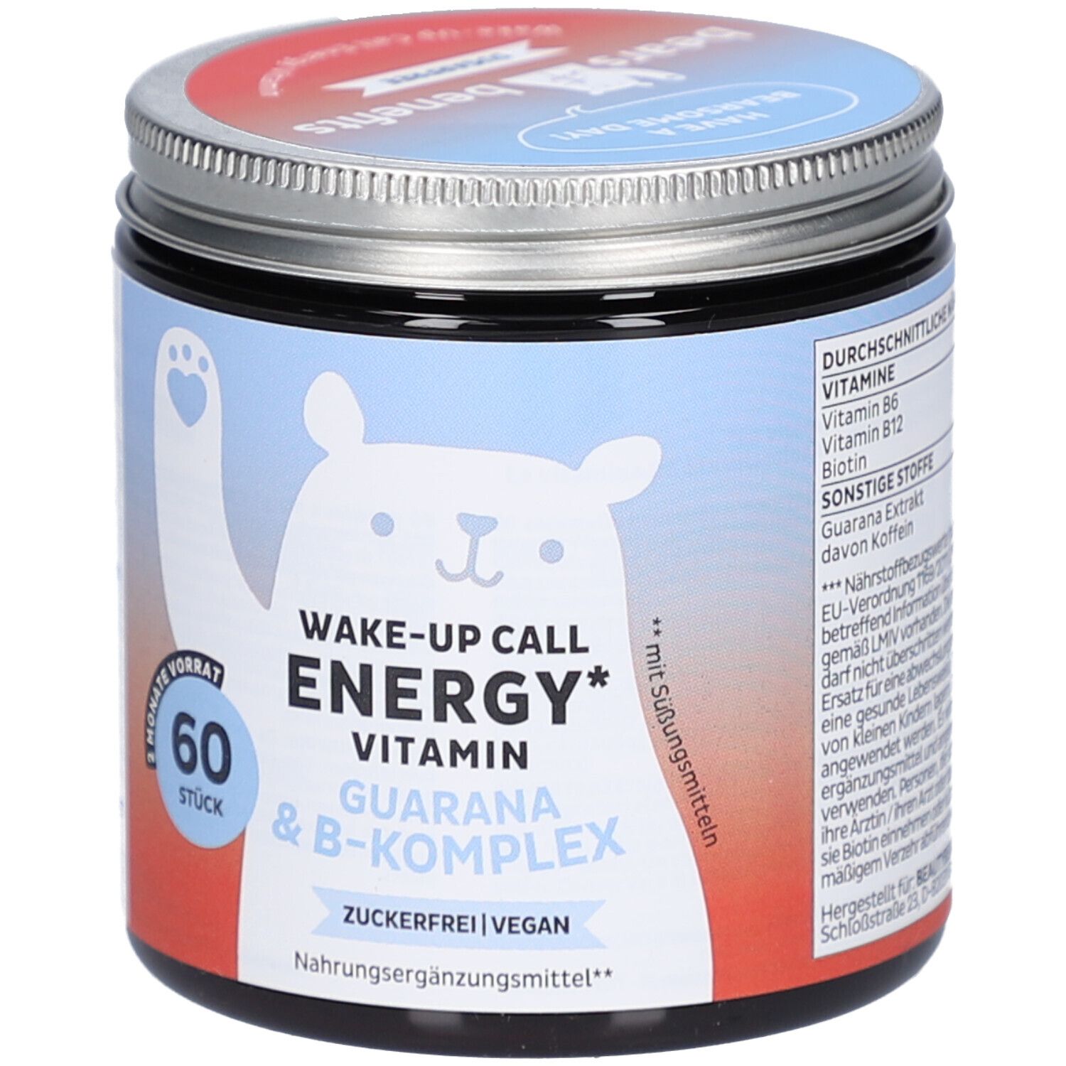 Pot avec inscription "WAKE-UP CALL ENERGY", illustration d'ours, 60 pièces. Contient guarana, complexe B, sans sucre, végétalien. Couvercle avec logo "BEAR WITH BENEFITS".