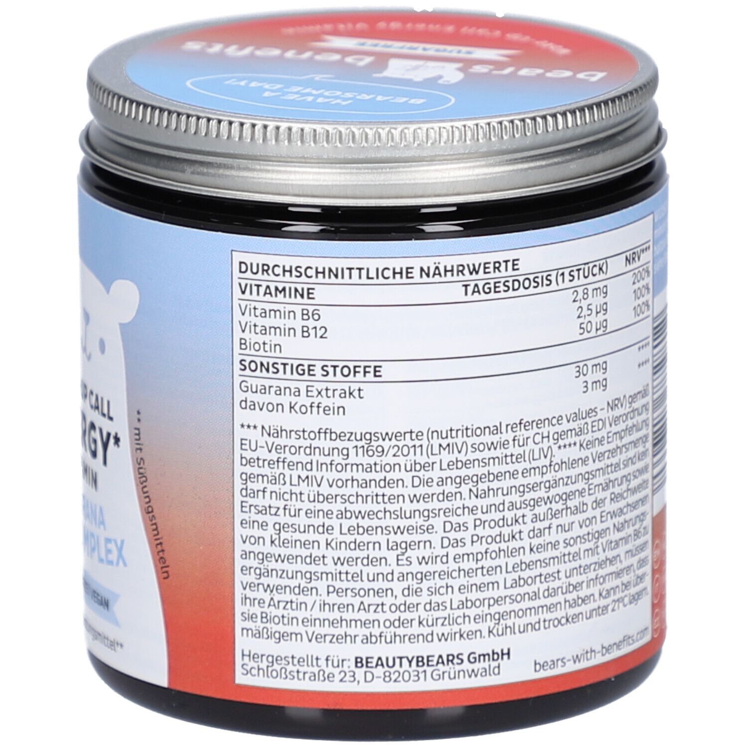 Pot avec logo "BEAR WITH BENEFITS". Dos avec informations nutritionnelles et ingrédients. Contient 150g. Adresse du fabricant: BEAUTYBEARS GmbH.
