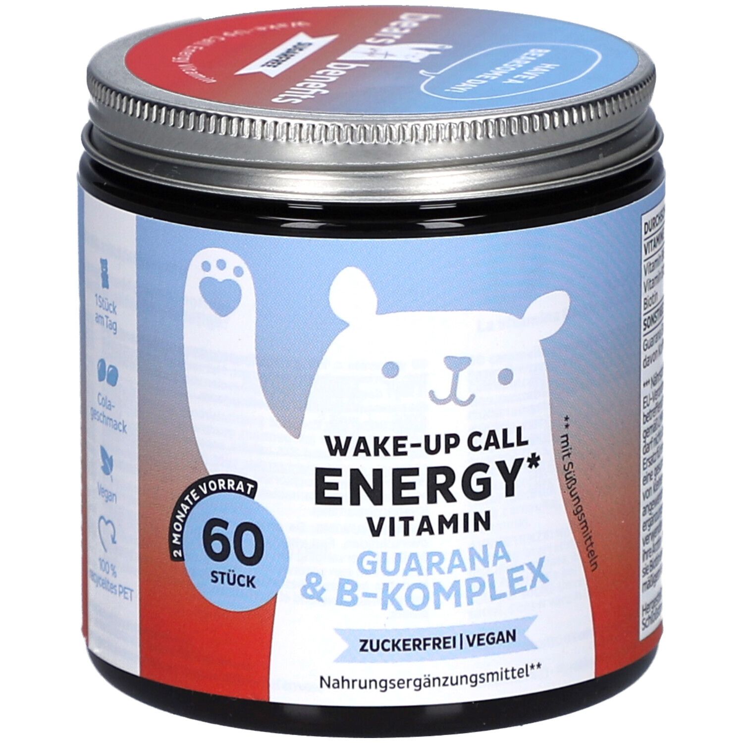 Pot avec inscription "WAKE-UP CALL ENERGY", illustration d'ours, 60 pièces. Contient guarana, complexe B, sans sucre, végétalien. Couvercle avec logo "BEAR WITH BENEFITS".