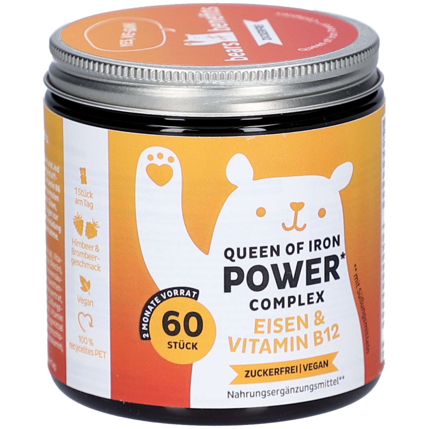 Pot "Queen of Iron Power Complex" avec "Fer & Vitamine B12". Étiquette orange et blanche avec ours. 60 pièces.