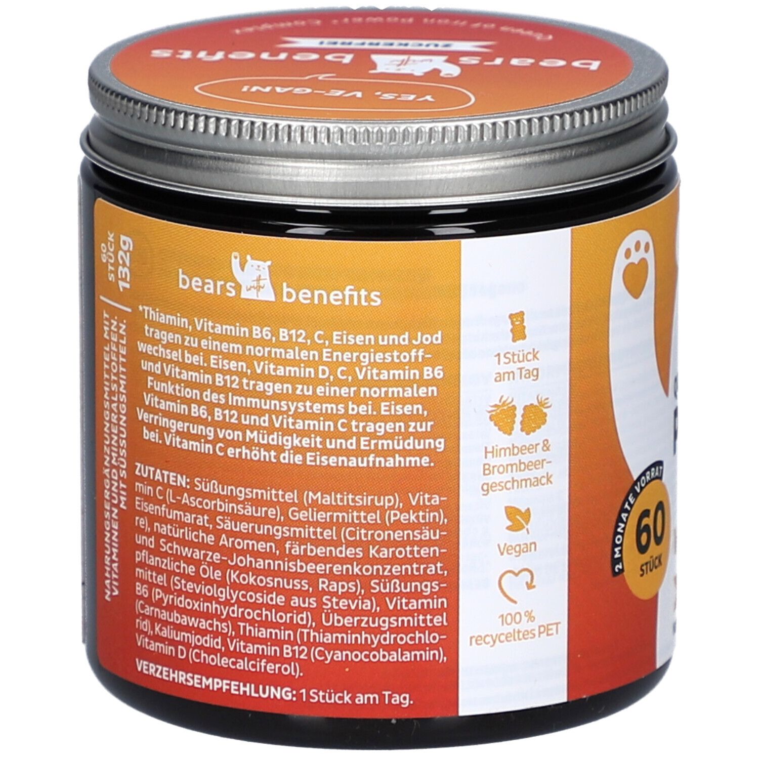 Pot avec ingrédients et informations nutritionnelles. Texte en allemand. Vegan, 100% PET recyclé. Goût framboise-mûre.