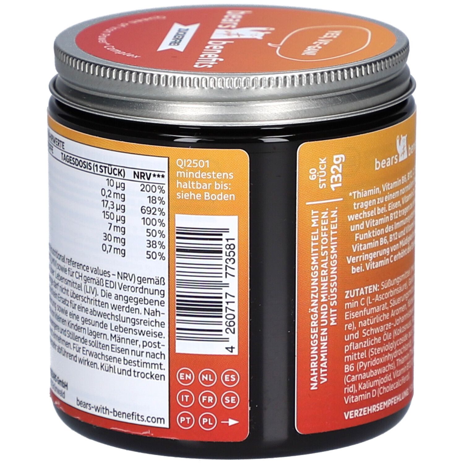 Pot avec tableau nutritionnel et code-barres. Texte en allemand. 60 pièces. Marque: bears with benefits. Adresse du site web.