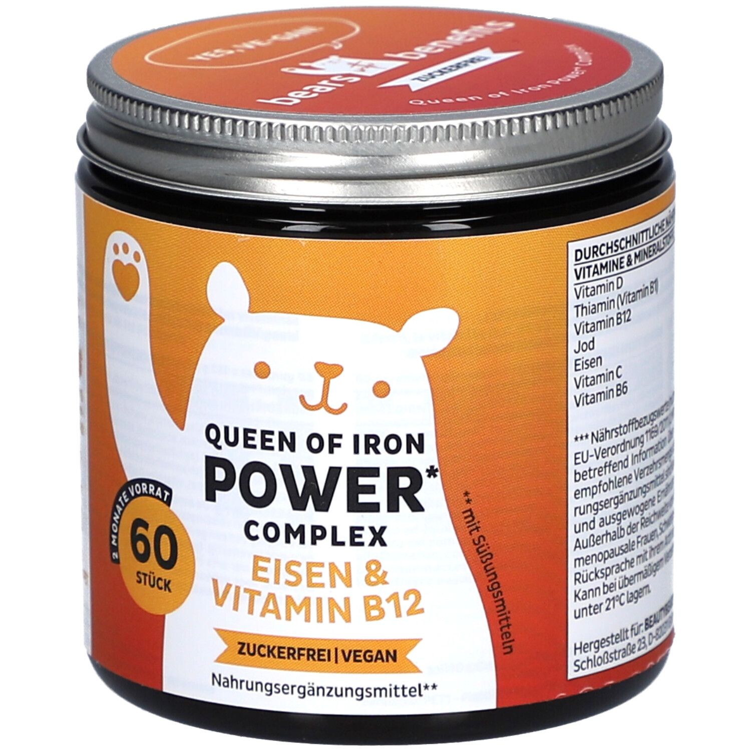 Pot "Queen of Iron Power Complex" avec "Fer & Vitamine B12". Étiquette orange et blanche avec ours. 60 pièces.