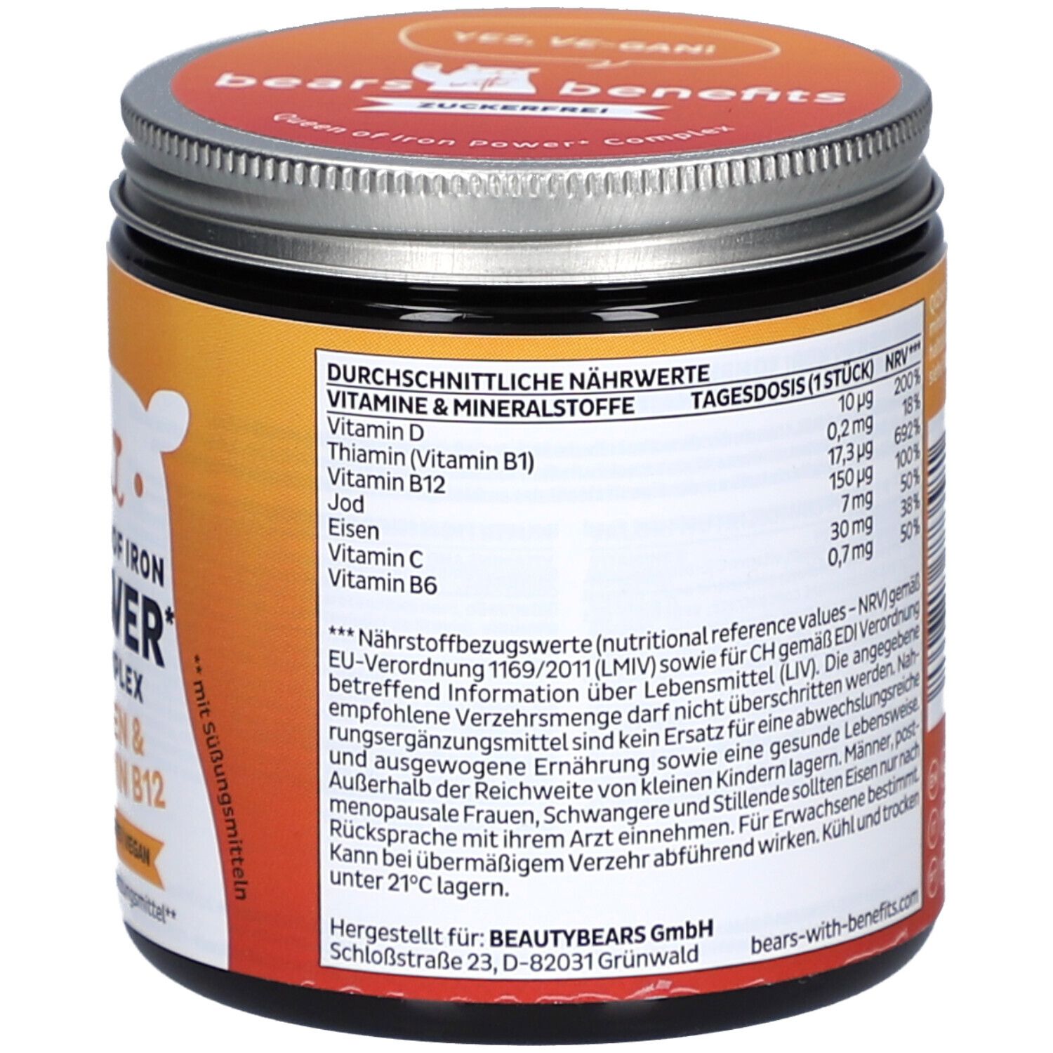 Pot avec informations nutritionnelles. Texte en allemand. Marque: bears with benefits. Adresse du fabricant. 60 pièces.