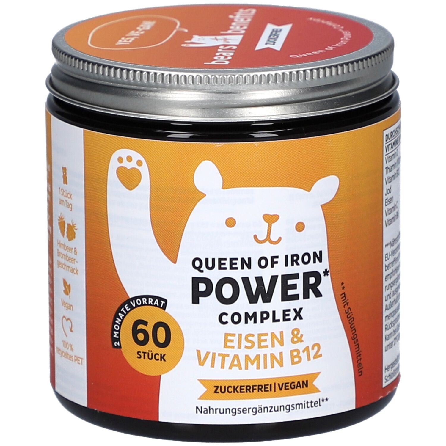 Pot "Queen of Iron Power Complex" avec "Fer & Vitamine B12". Étiquette orange et blanche avec ours. 60 pièces.