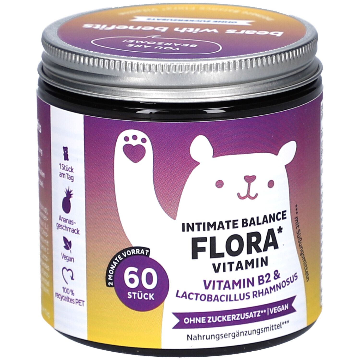 Boîte avec étiquette. Inscription: Intimate Balance Flora Vitamin, 60 pièces, vegan. Illustration d'ours.