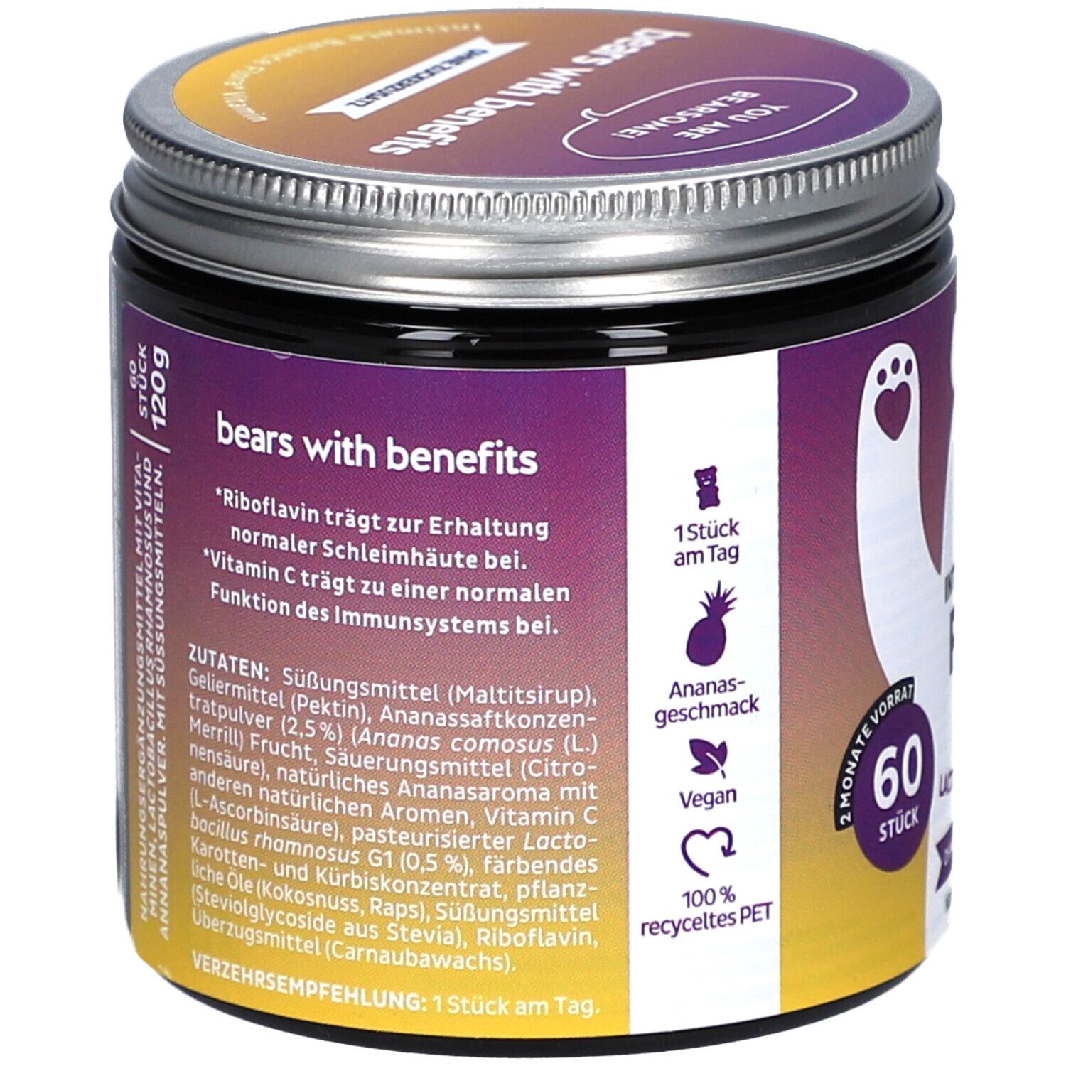 Dos de la boîte. Liste des ingrédients, informations sur la riboflavine et la vitamine C. 60 pièces, 120g.