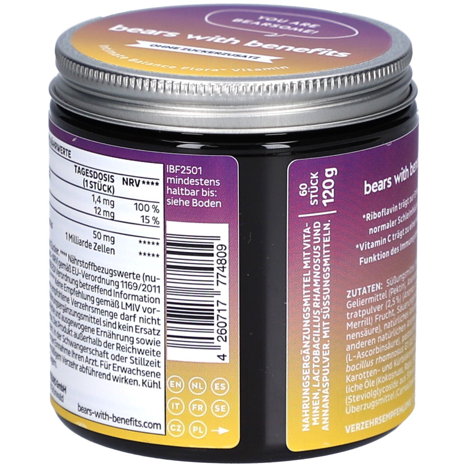 Boîte avec étiquette. Informations nutritionnelles, code-barres. Inscription: 60 pièces, 120g. Nom du produit: Intimate Balance Flora Vitamin.