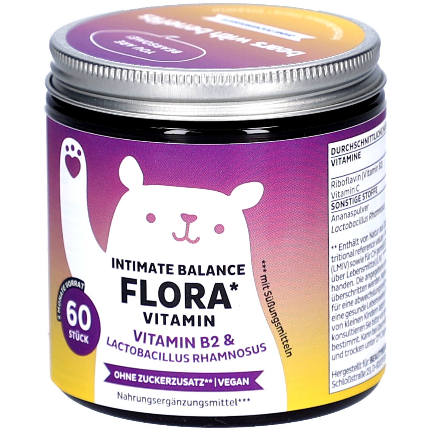 Boîte avec étiquette. Inscription: Intimate Balance Flora Vitamin, 60 pièces. Illustration d'ours.
