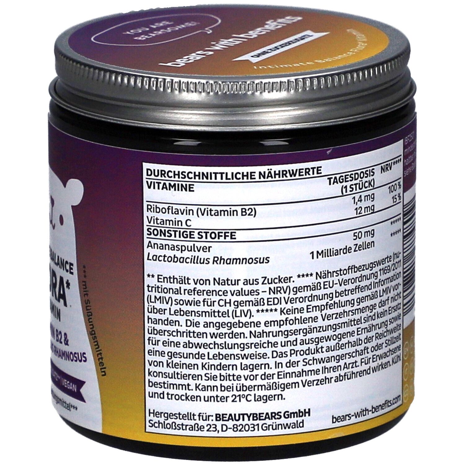 Dos de la boîte. Informations nutritionnelles, informations sur le fabricant. Inscription: Intimate Balance Flora Vitamin.