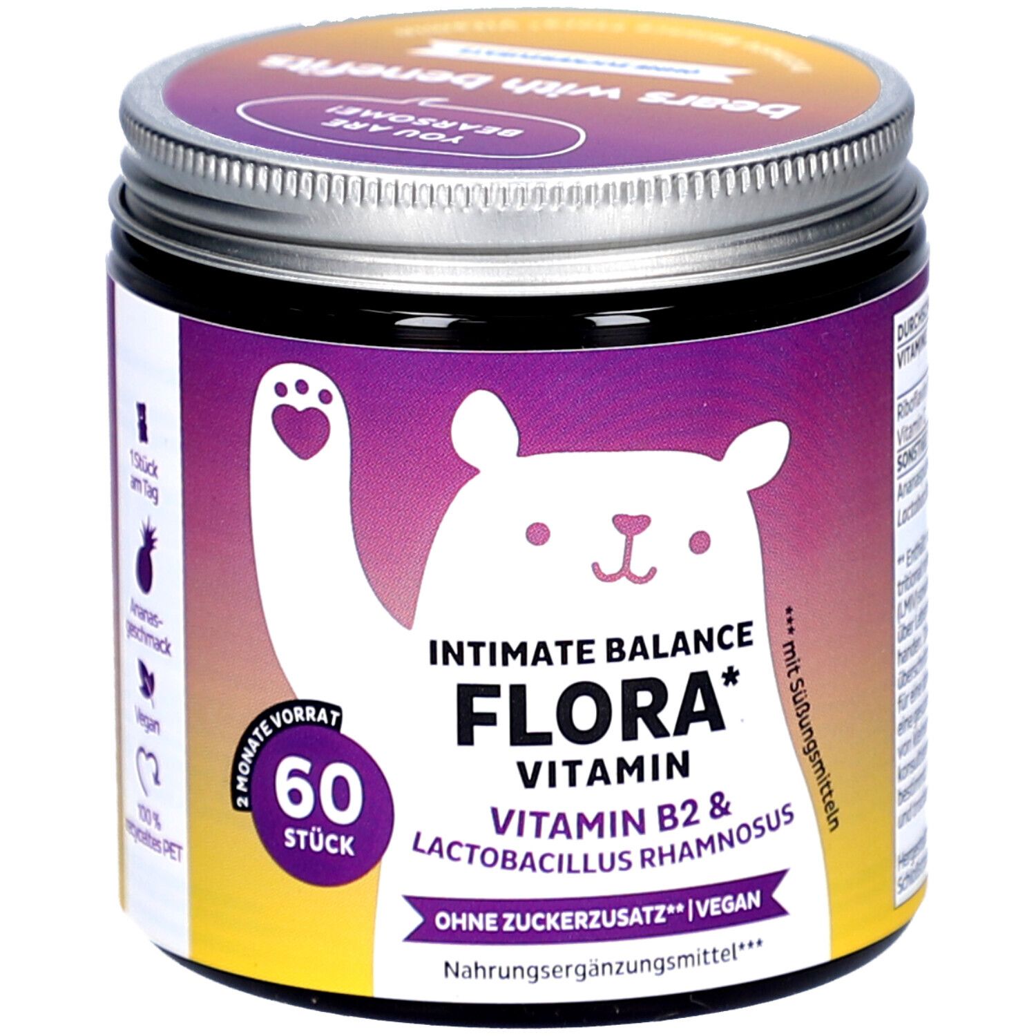 Boîte avec étiquette. Inscription: Intimate Balance Flora Vitamin, 60 pièces, vegan. Illustration d'ours.