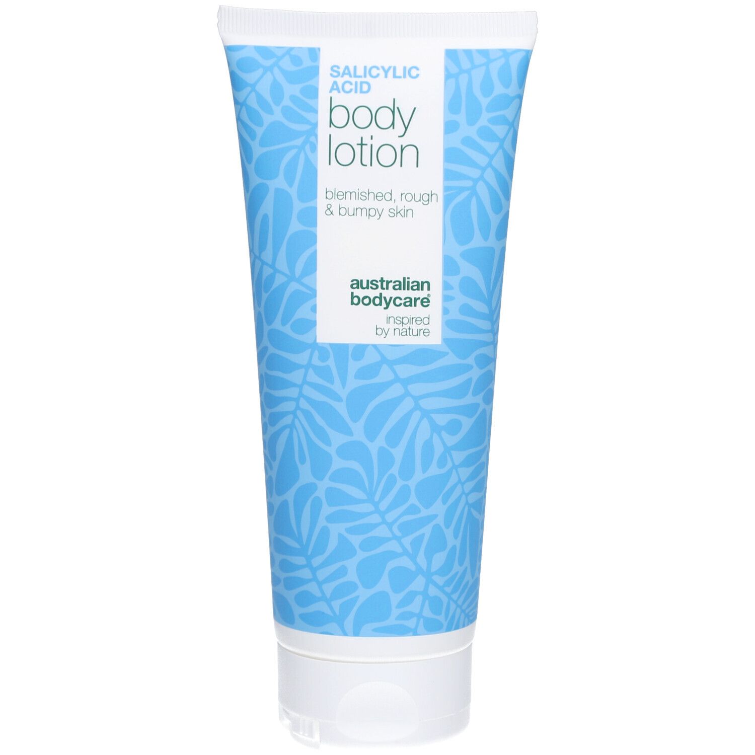 Tube de lotion pour le corps à l'acide salicylique. Motif bleu. Bouchon blanc. Marque : Australian Bodycare.