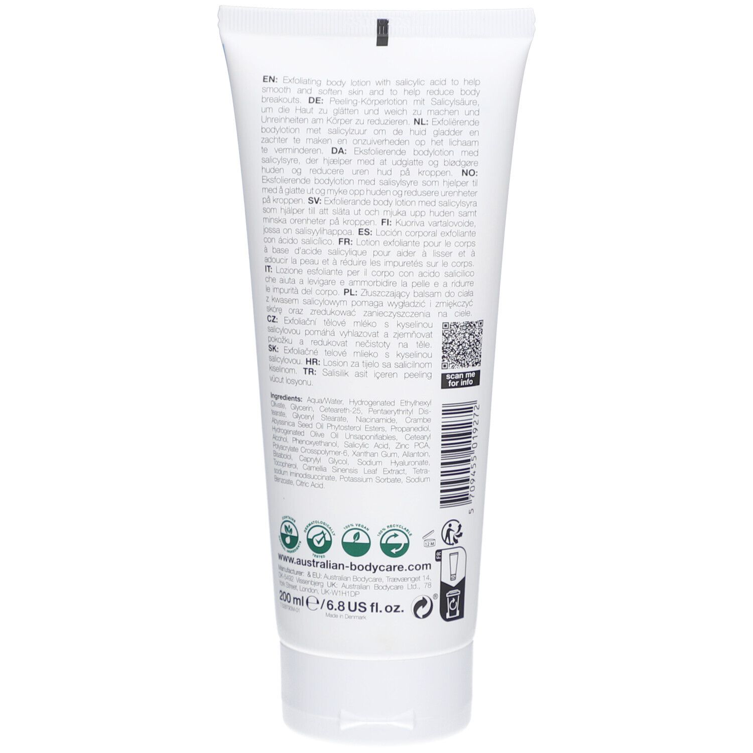 Dos du tube de lotion pour le corps. Texte multilingue. Ingrédients et informations sur la marque.