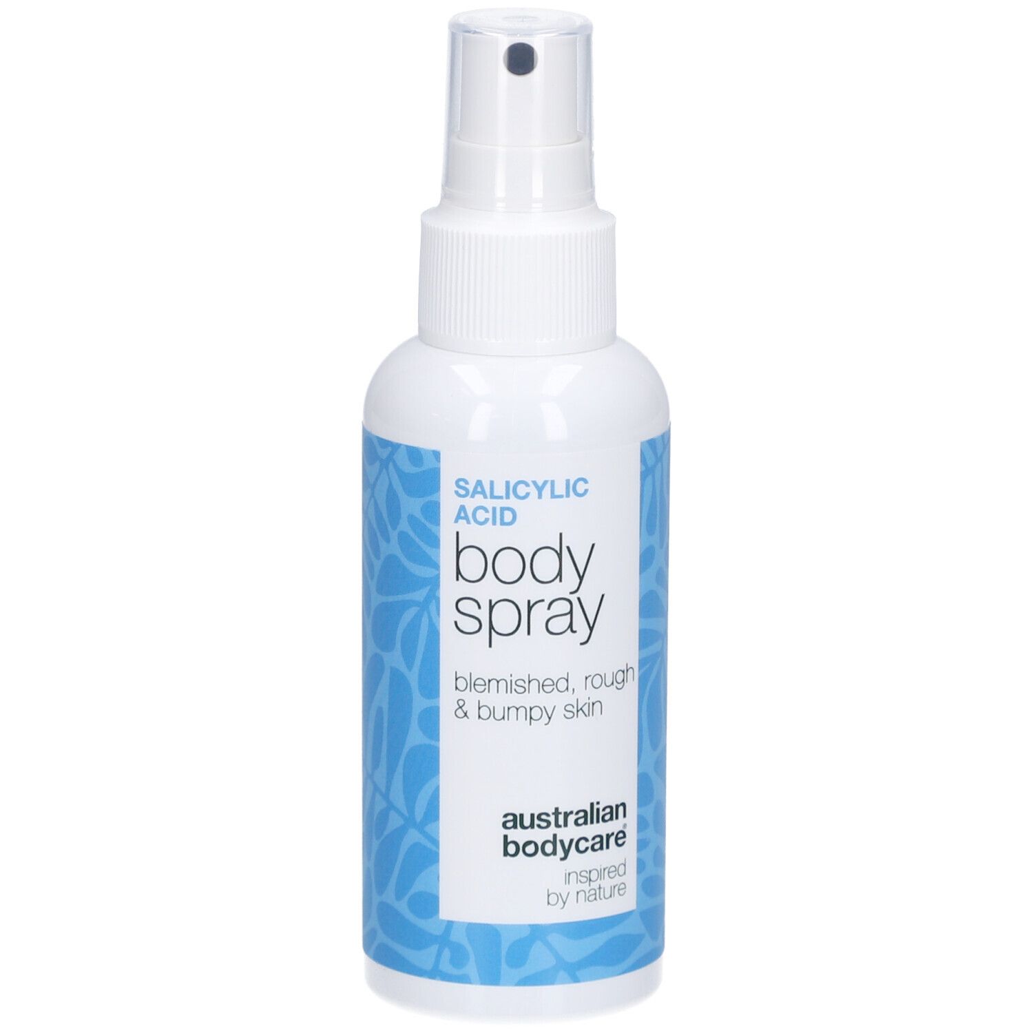 Flacon spray blanc avec étiquette bleue. Texte : Acide salicylique, Body Spray, pour peau rugueuse. Australian Bodycare.