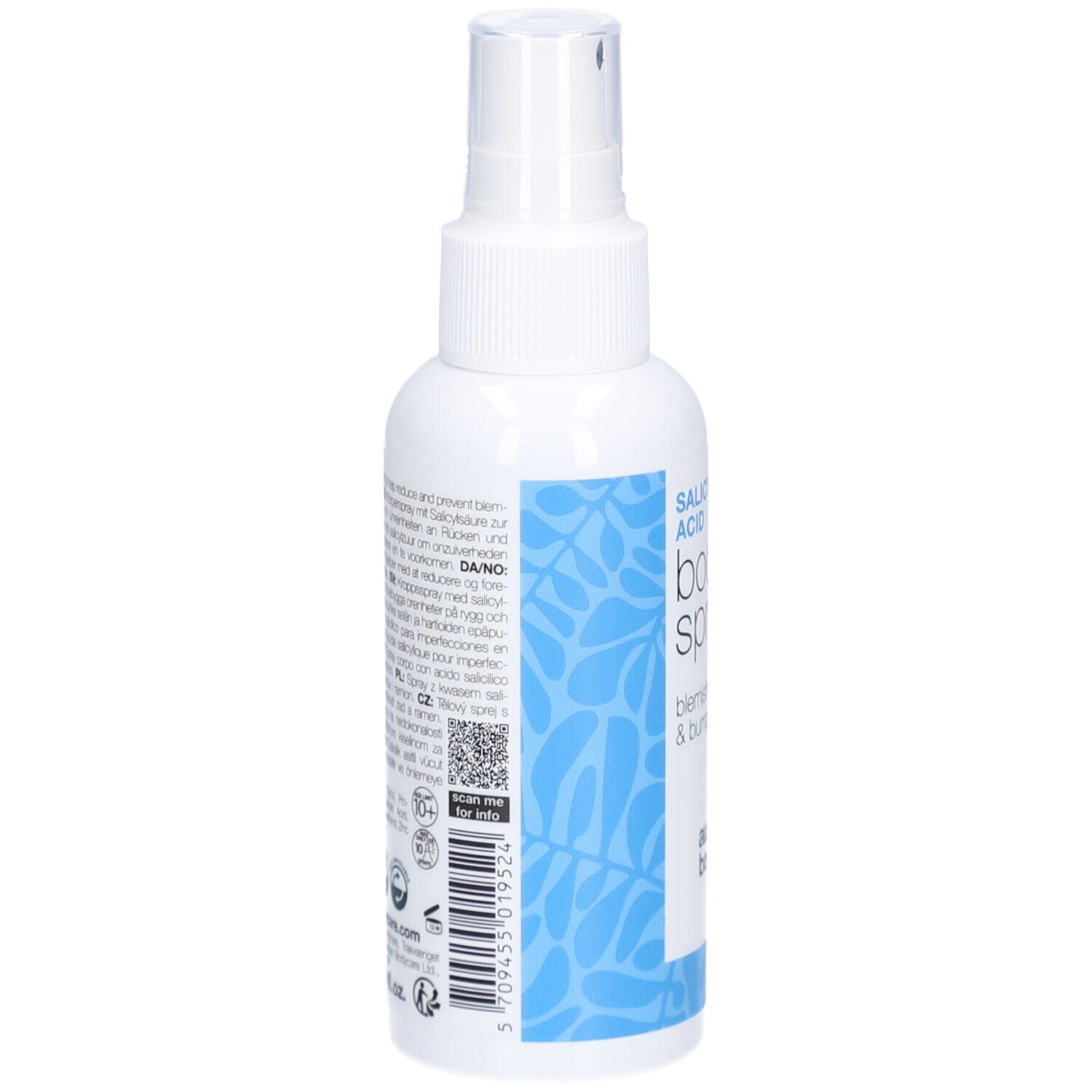 Dos du flacon spray blanc. Texte et code QR. Informations sur les ingrédients et le fabricant. Étiquette à motif bleu.