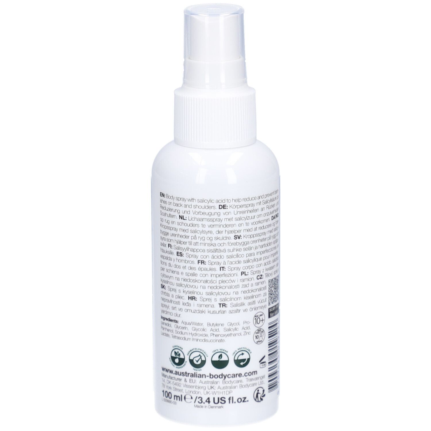 Dos du flacon spray blanc. Texte en plusieurs langues. Informations sur les ingrédients et le fabricant. 100 ml.