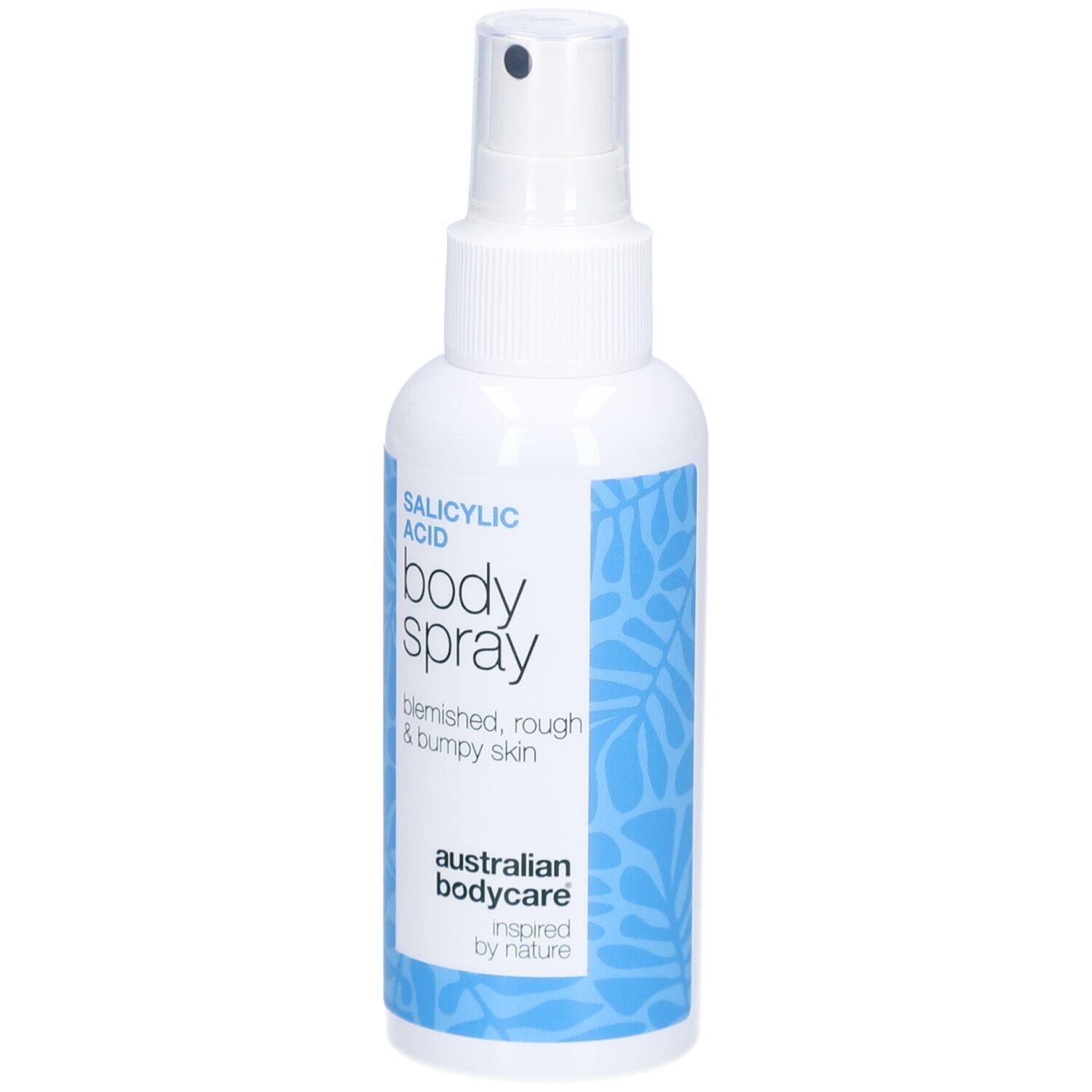 Flacon spray blanc avec étiquette bleue. Texte : Acide salicylique, Body Spray, pour peau rugueuse. Australian Bodycare.