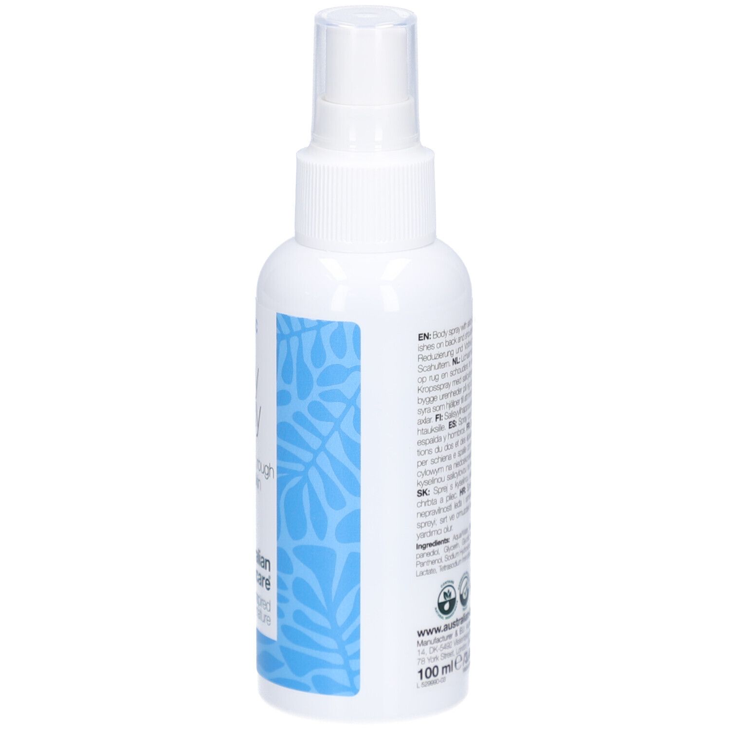 Dos du flacon spray blanc. Texte et code QR. Informations sur les ingrédients et le fabricant. 100 ml.