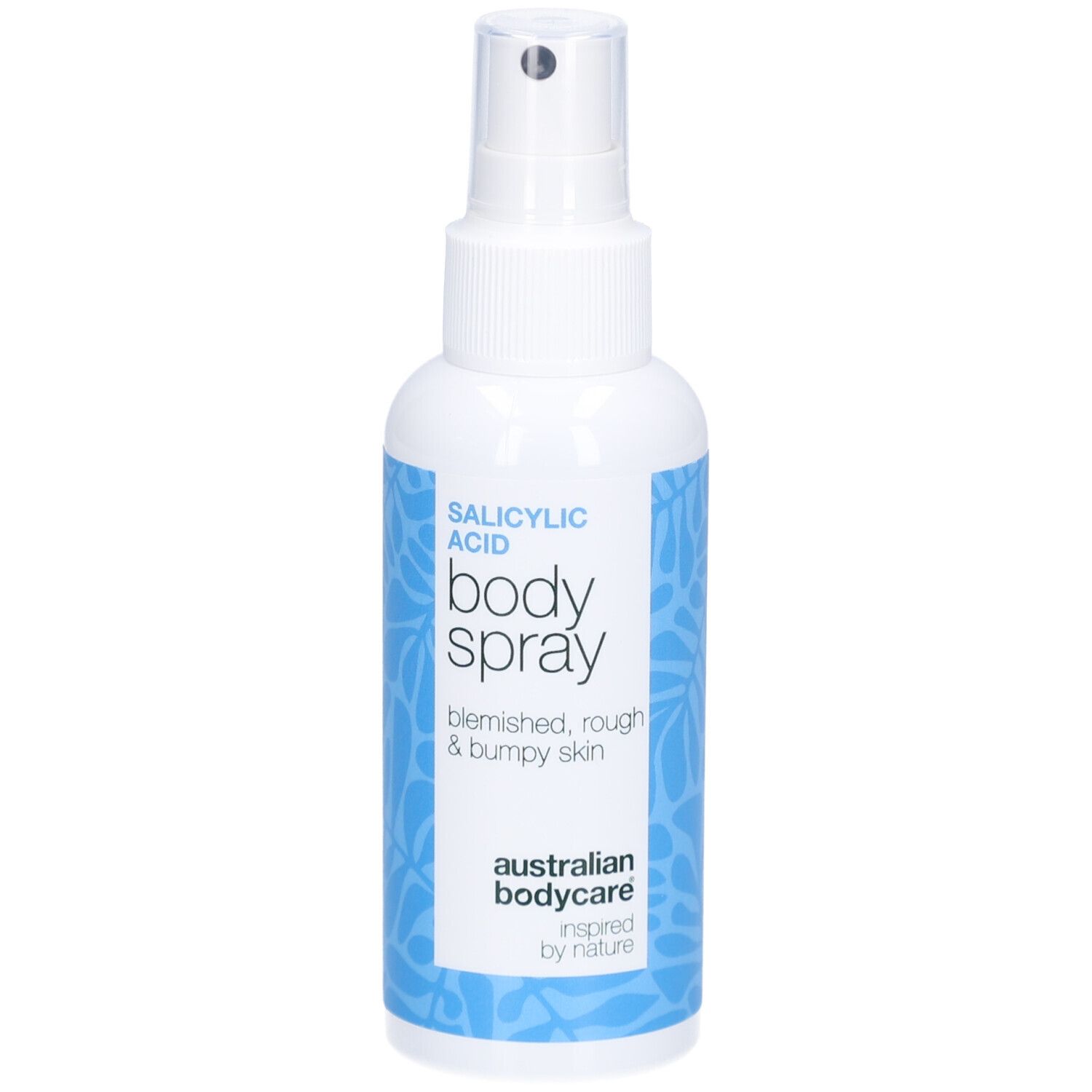 Flacon spray blanc avec étiquette bleue. Texte : Acide salicylique, Body Spray, pour peau rugueuse. Australian Bodycare.