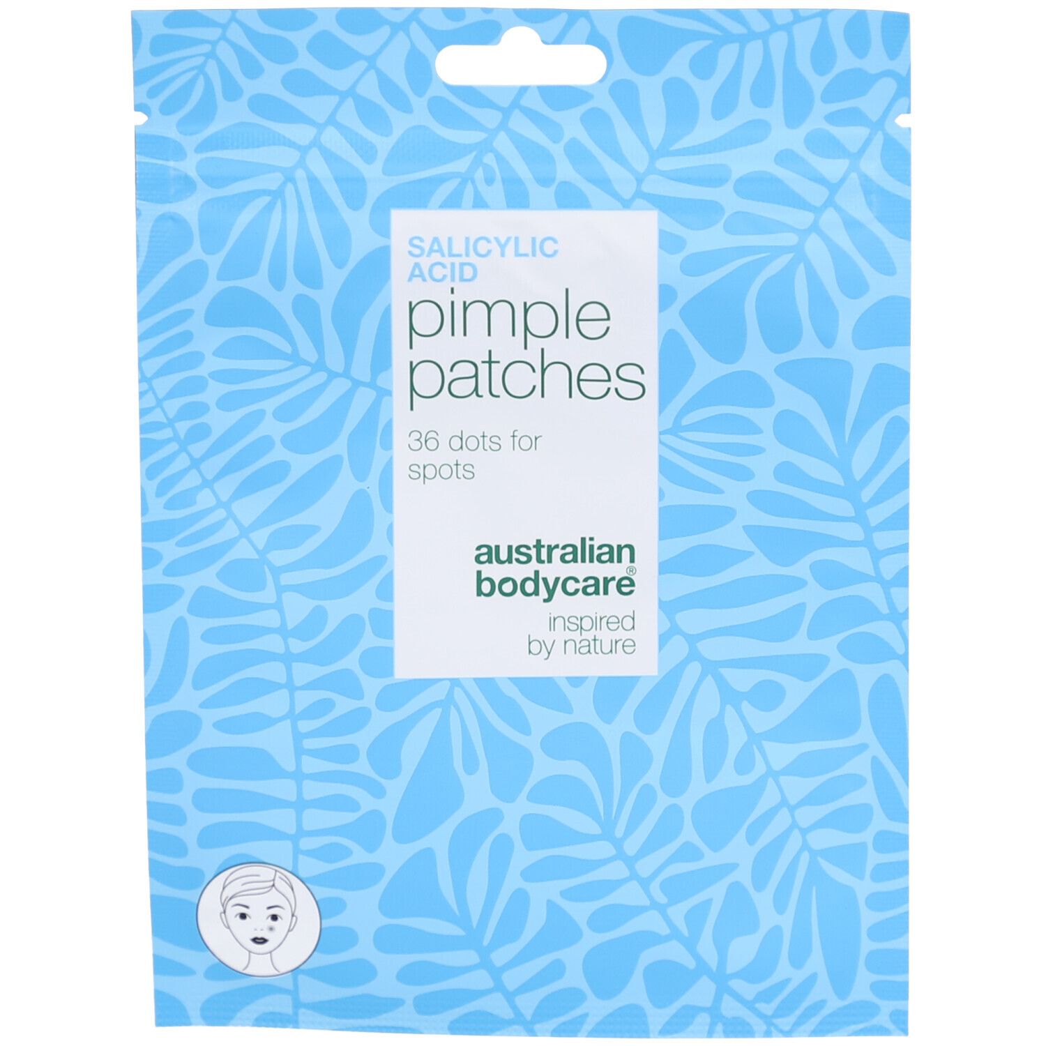 Emballage bleu et blanc. Contient des patchs anti-boutons à l'acide salicylique. 36 points. Marque : Australian Bodycare.