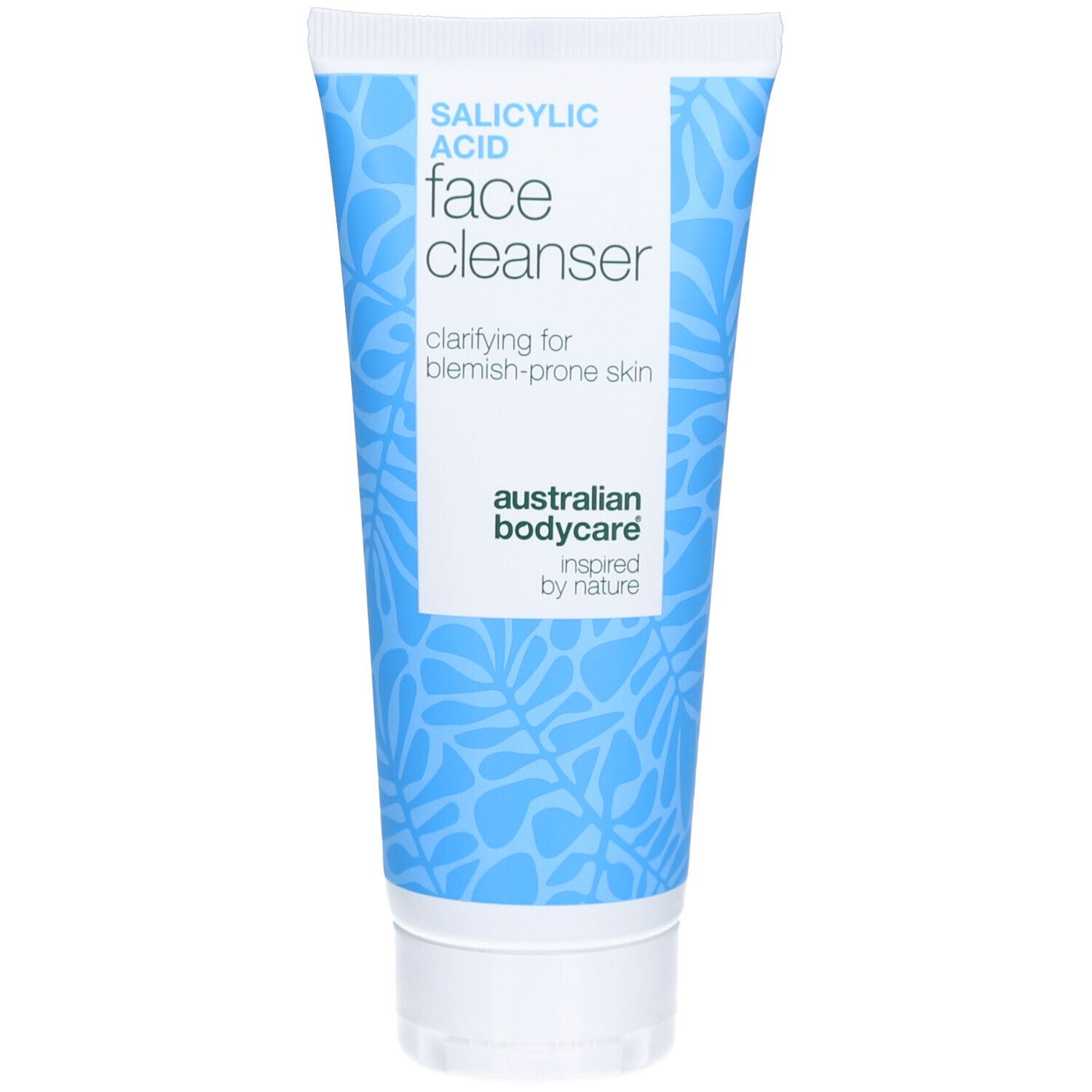 Tube de nettoyant visage à l'acide salicylique. Design blanc et bleu, nom et logo du produit.