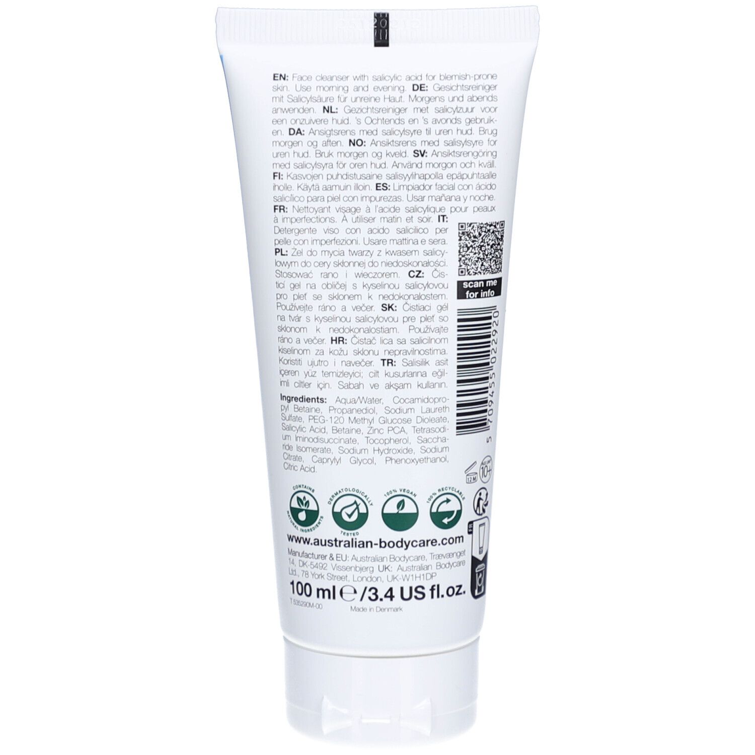 Dos du tube de nettoyant visage. Contient du texte, un code QR et des logos.