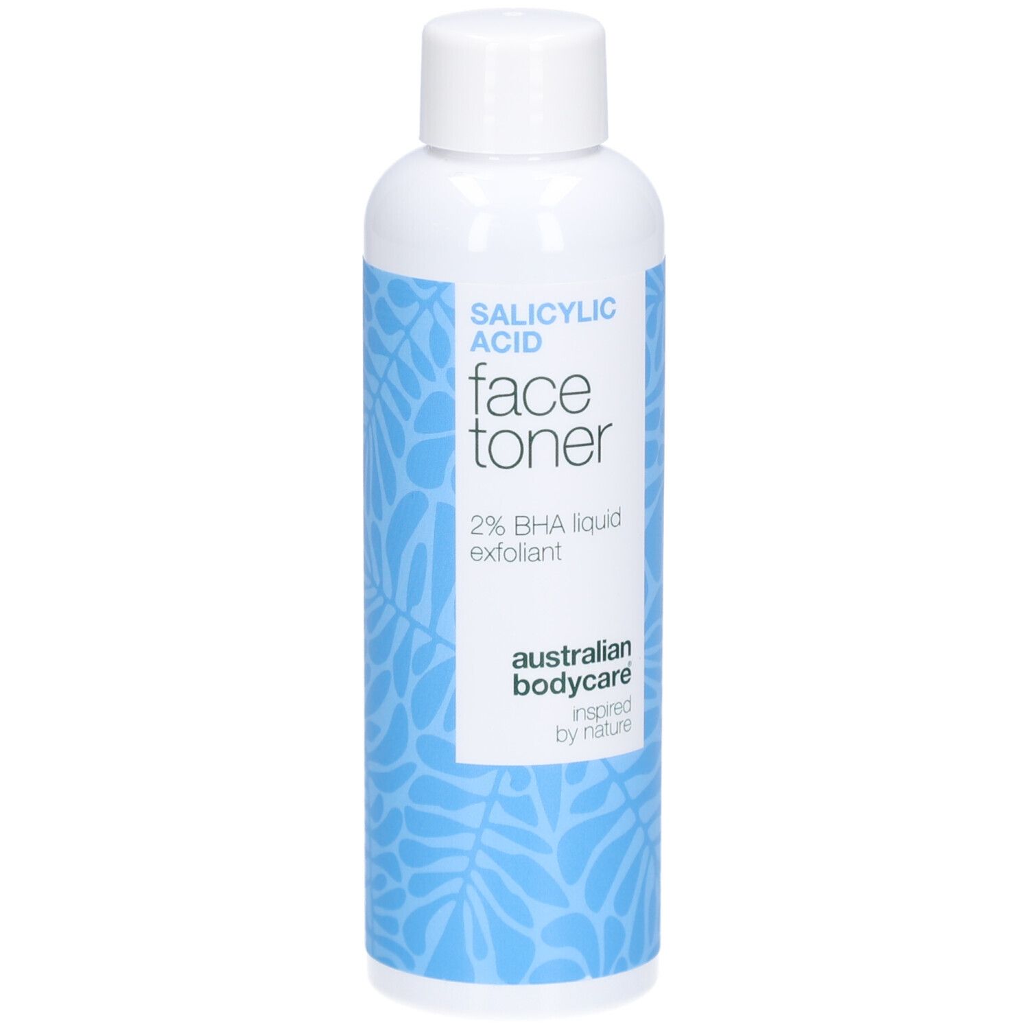 Flacon blanc avec motif bleu. Inscription: Salicylic Acid Face Toner, 2% BHA liquid exfoliant. Marque: Australian Bodycare.