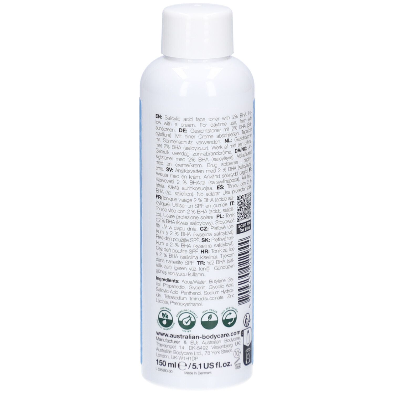 Dos du flacon blanc avec motif bleu. Texte et code QR. Marque: Australian Bodycare. Ingrédients et volume.