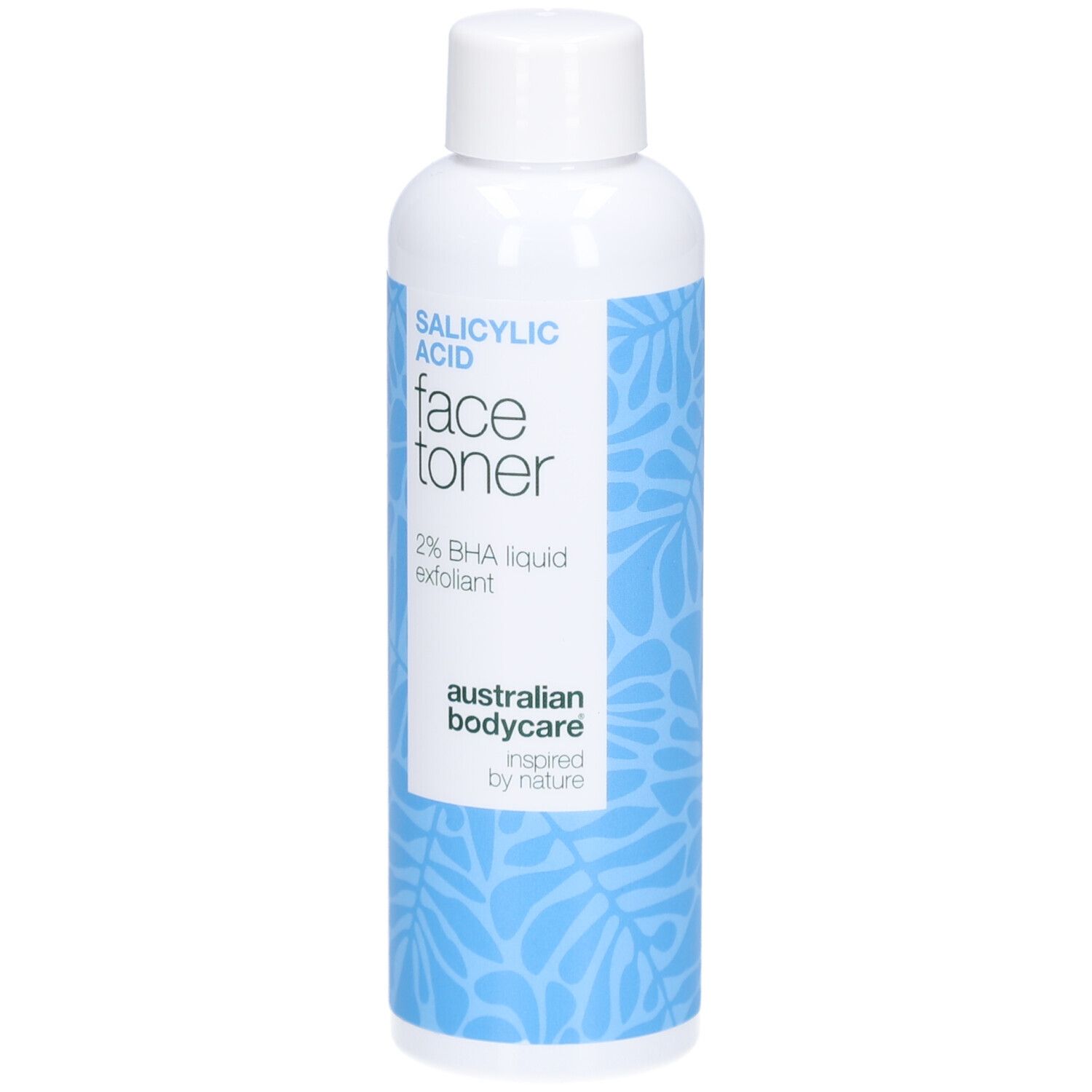 Flacon blanc avec motif bleu. Inscription: Salicylic Acid Face Toner, 2% BHA liquid exfoliant. Marque: Australian Bodycare.