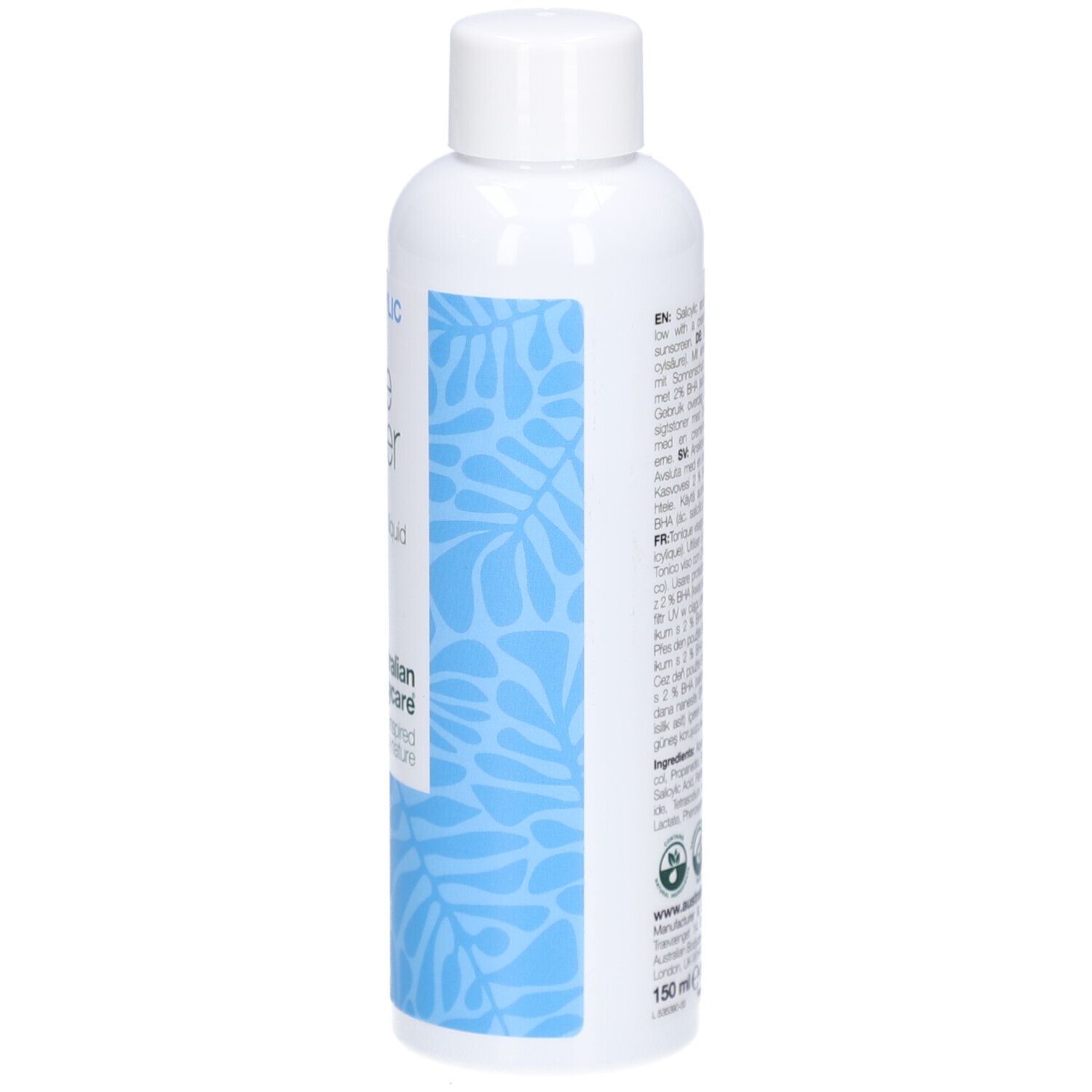 Dos du flacon blanc avec motif bleu. Texte et code QR. Marque: Australian Bodycare. Ingrédients et volume.
