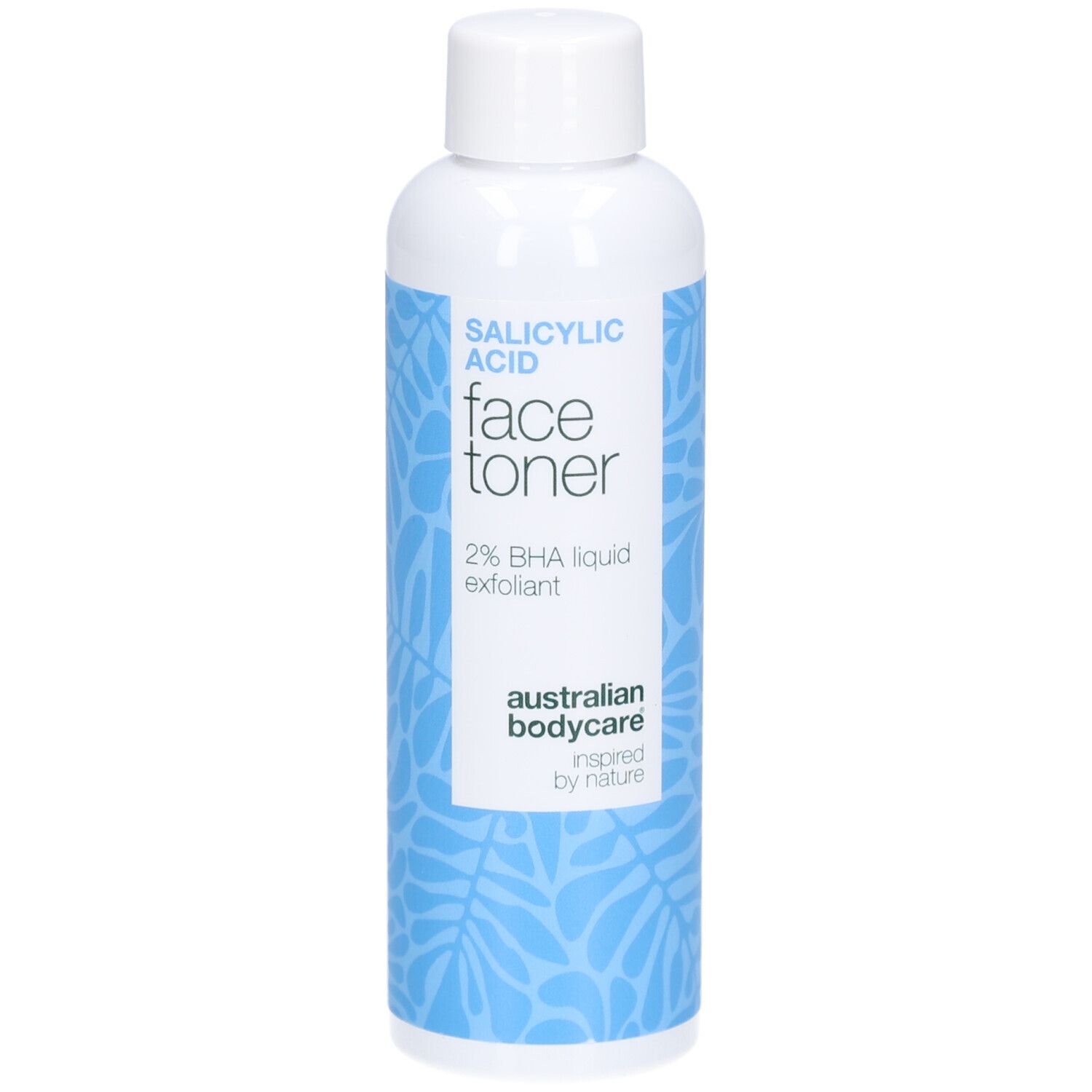 Flacon blanc avec motif bleu. Inscription: Salicylic Acid Face Toner, 2% BHA liquid exfoliant. Marque: Australian Bodycare.