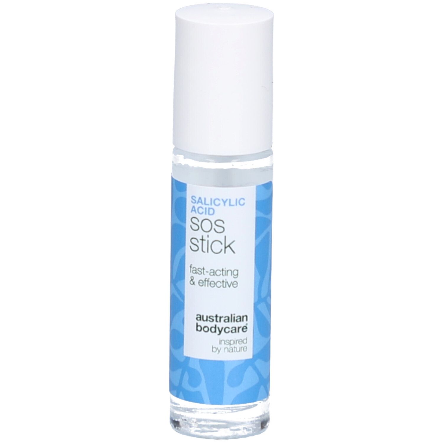 Stick transparent avec bouchon blanc. Inscription: Salicylsäure SOS Stick, australian bodycare.