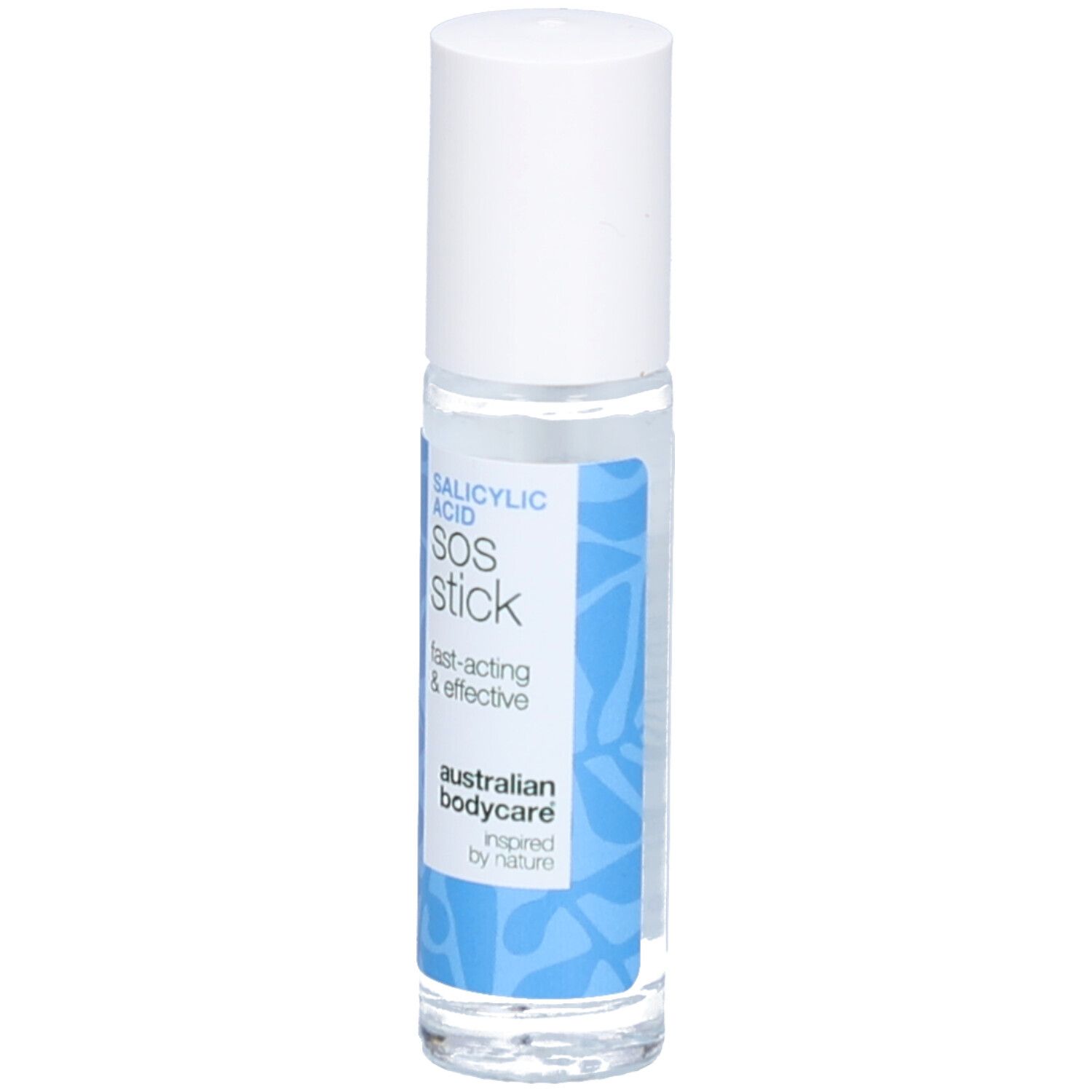 Stick transparent avec bouchon blanc. Inscription: Salicylsäure SOS Stick, australian bodycare.