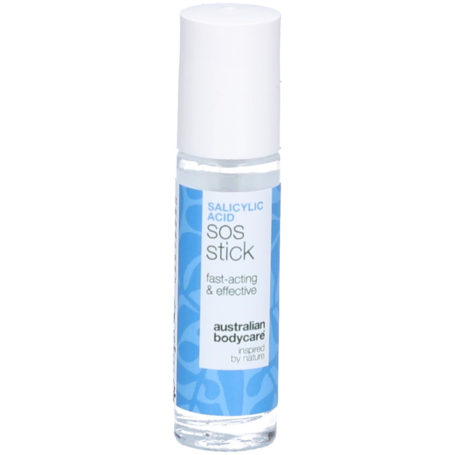 Stick transparent avec bouchon blanc. Inscription: Salicylsäure SOS Stick, australian bodycare.