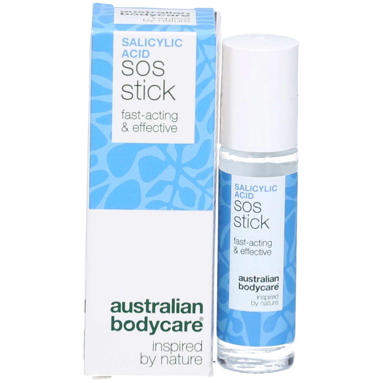 Stick SOS et emballage. Inscription: Salicylsäure SOS Stick, australian bodycare. Emballage blanc.