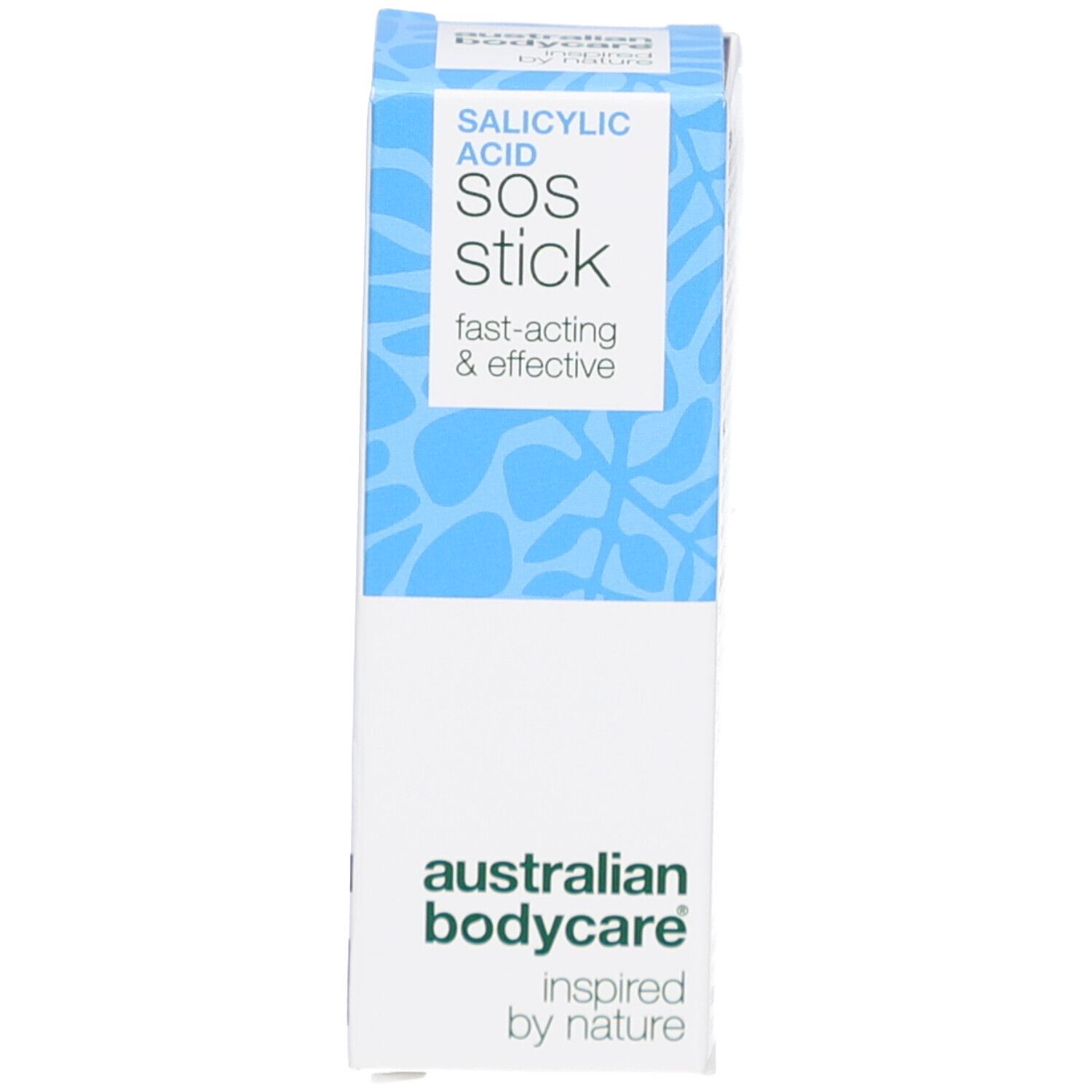Emballage blanc. Inscription: Salicylsäure SOS Stick, australian bodycare. Feuilles bleues.