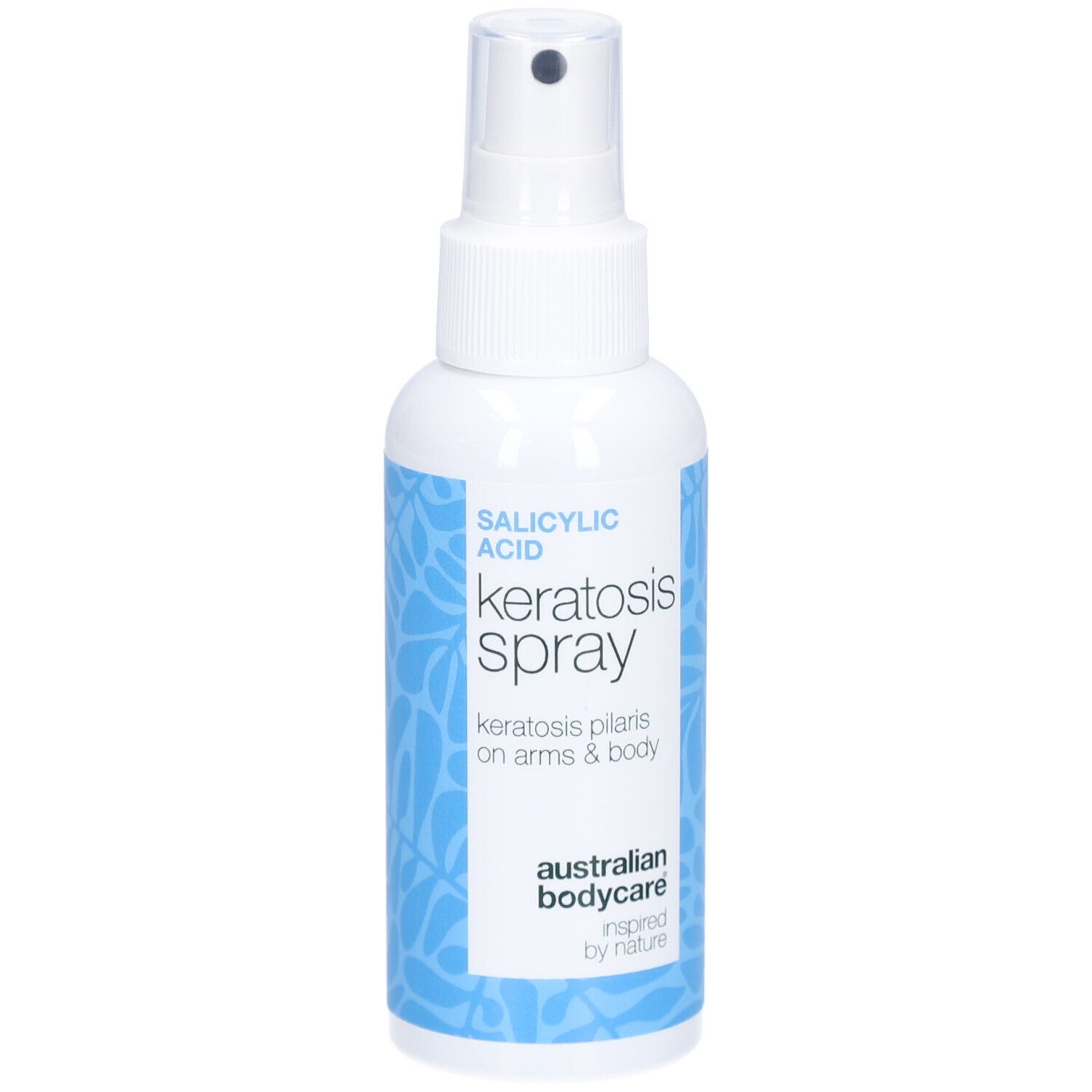 Flacon spray blanc. Texte : Acide salicylique, Keratosis Spray, Keratosis Pilaris. Marque : Australian Bodycare.