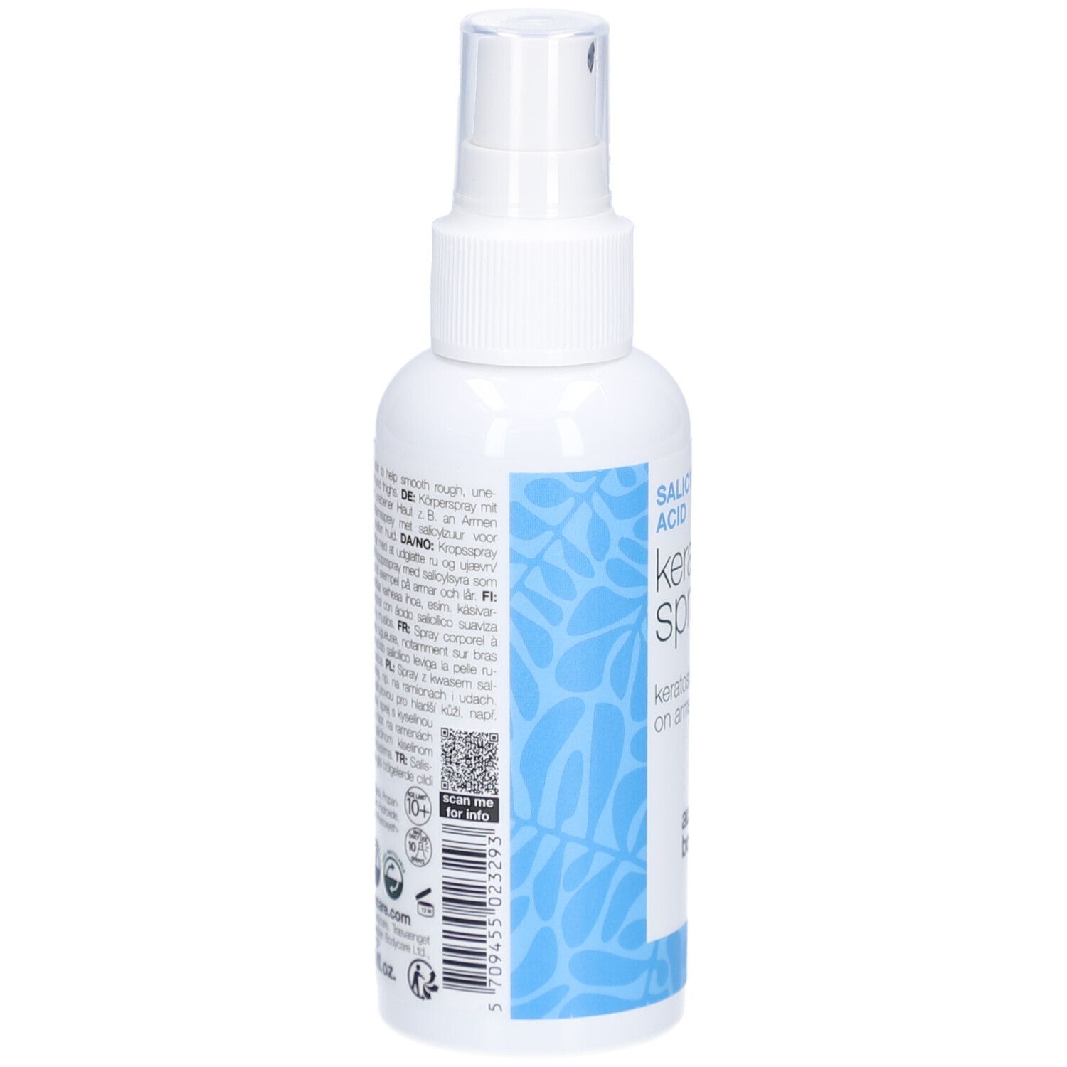 Flacon spray blanc. Texte : Acide salicylique, Keratosis Spray, Keratosis Pilaris. Dos avec texte et code QR.