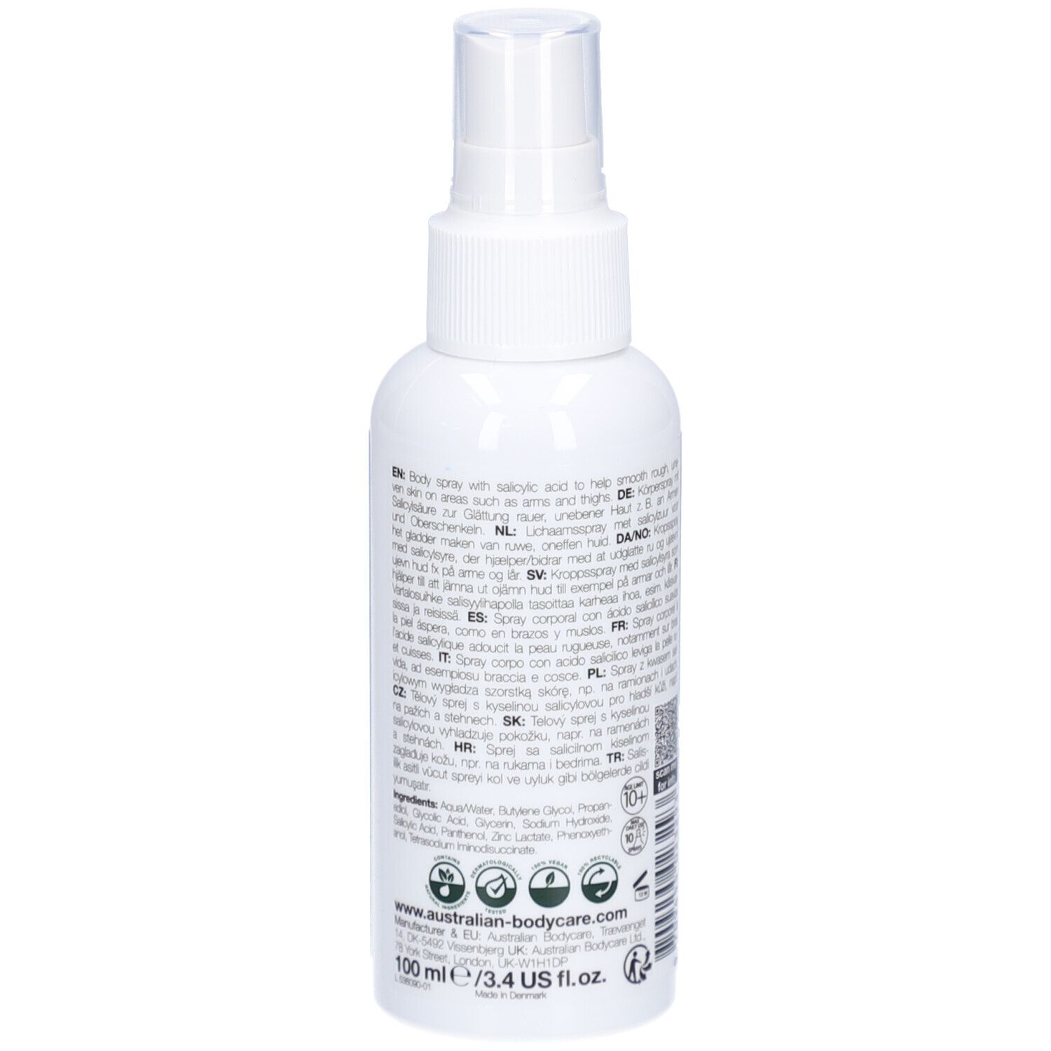 Flacon spray blanc. Texte : Acide salicylique, Keratosis Spray, Keratosis Pilaris. Inscription : 100 ml / 3.4 US fl. oz.