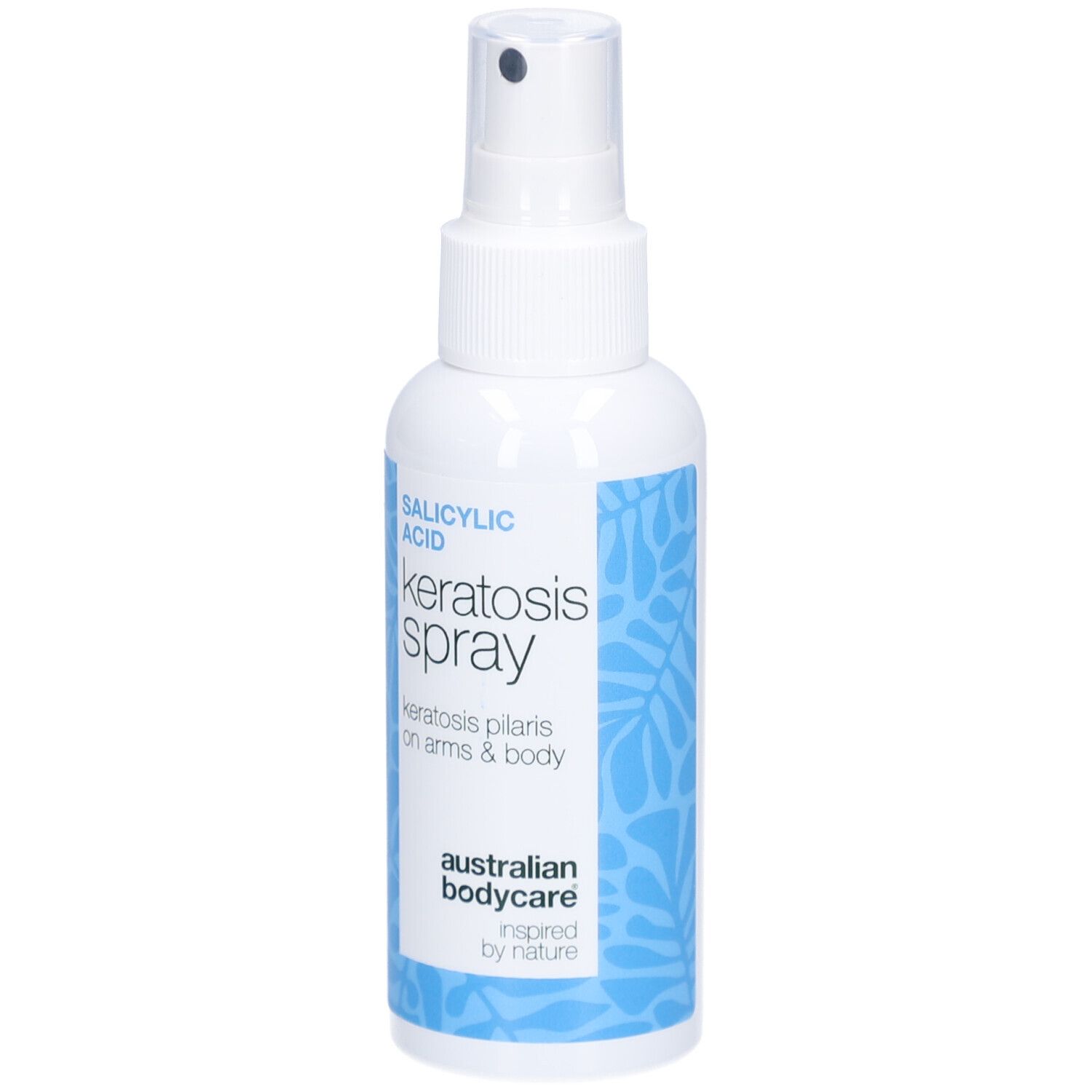 Flacon spray blanc. Texte : Acide salicylique, Keratosis Spray, Keratosis Pilaris. Marque : Australian Bodycare.