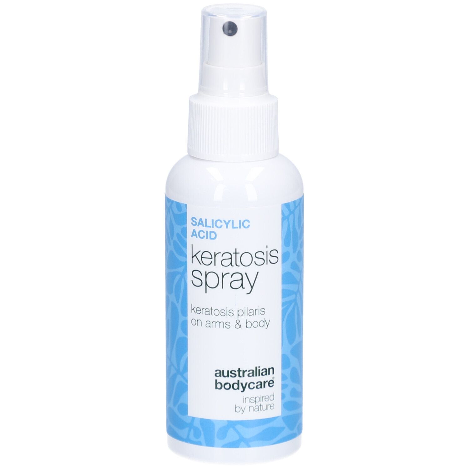 Flacon spray blanc. Texte : Acide salicylique, Keratosis Spray, Keratosis Pilaris. Marque : Australian Bodycare.