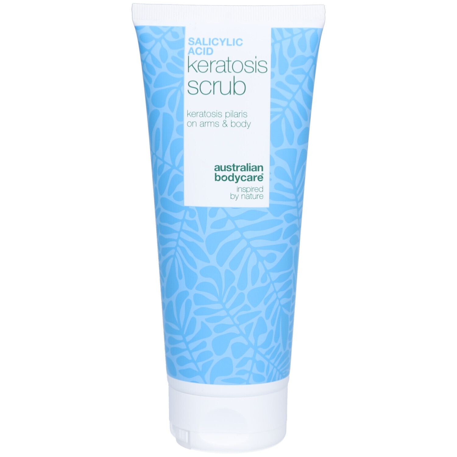 Tube bleue et blanche. Texte : Salicylic Acid Keratosis Scrub. Marque : Australian Bodycare.