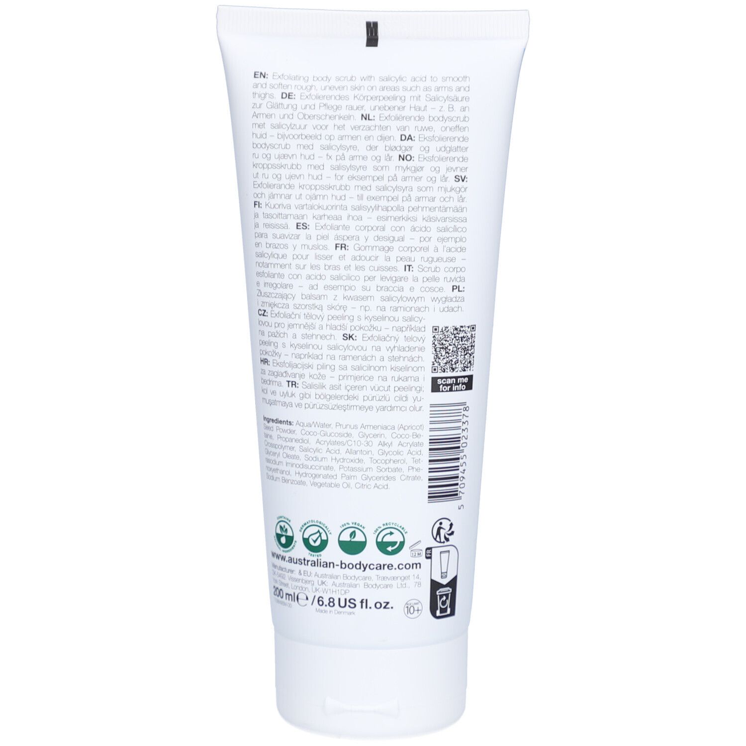 Dos du tube blanc avec texte. Texte : ingrédients, instructions, certifications. Marque : Australian Bodycare.