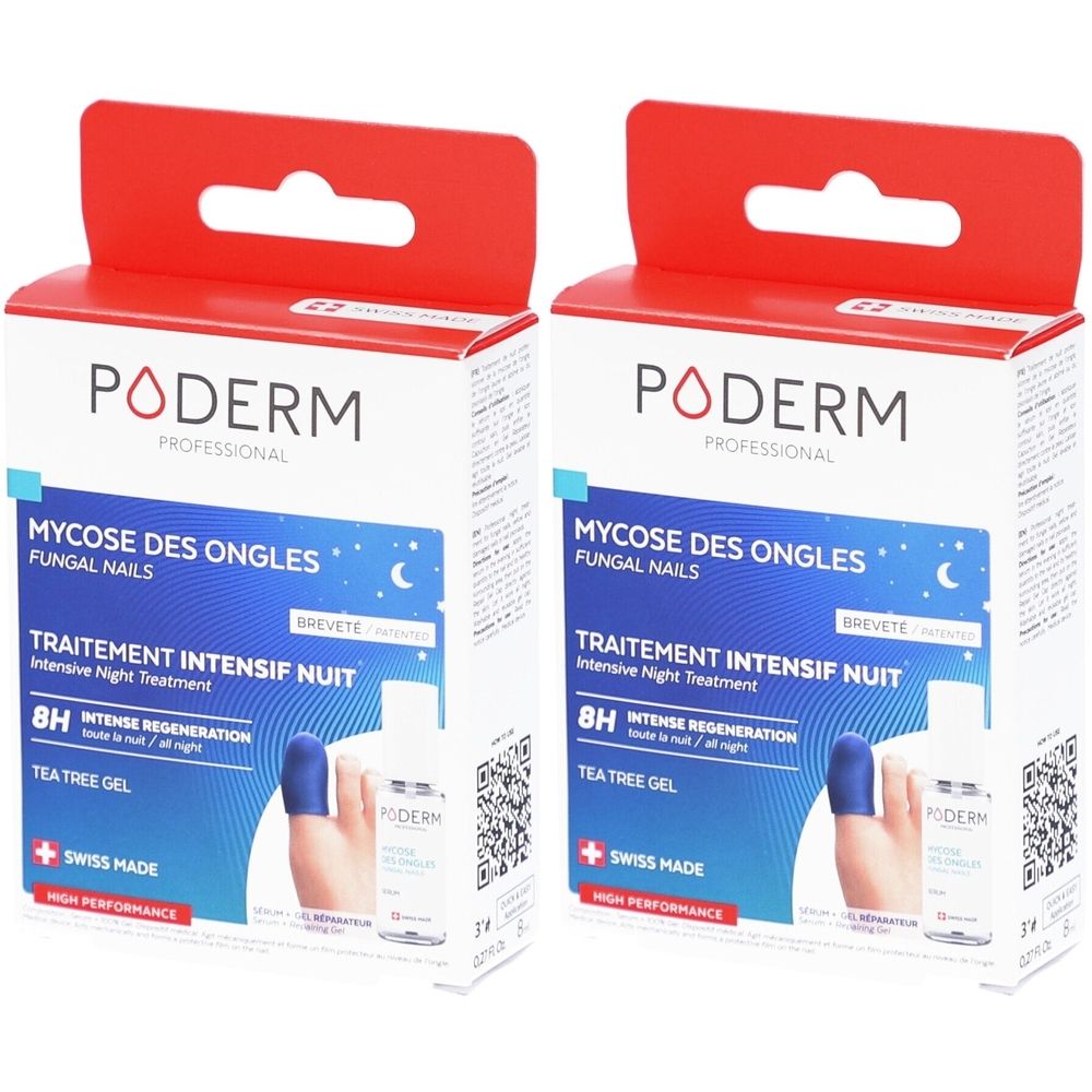 Deux boîtes de traitement intensif Poderm pour mycose des ongles. Boîtes blanches avec accroche rouge. Inscriptions bleues et blanches. Croix suisse.