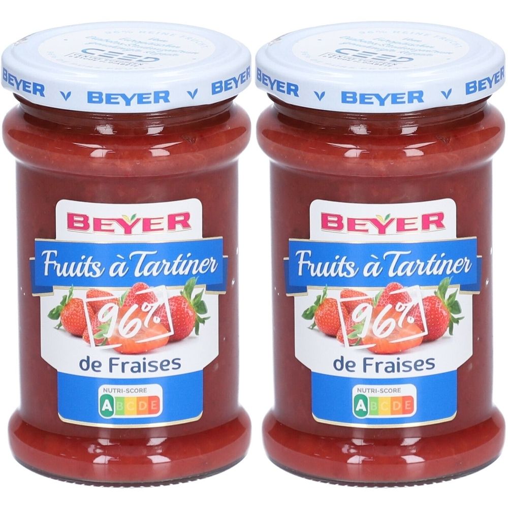 Deux pots de confiture. Inscription : BEYER, Fruits à Tartiner, 96% de Fraises. Couvercles avec inscription BEYER. Label Nutri-Score.