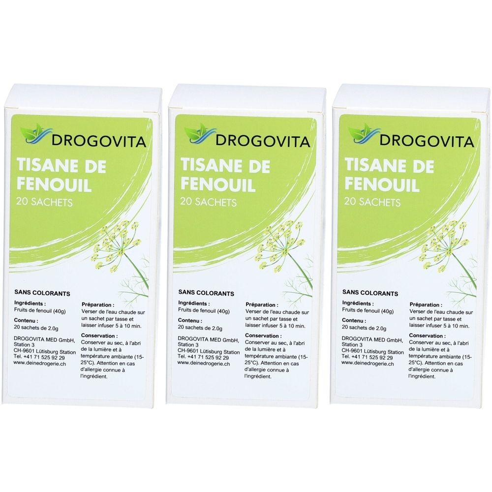 Trois boîtes de tisane de fenouil DROGOVITA. Chaque boîte contient 20 sachets. Inscription : TISANE DE FENOUIL. Emballage vert et blanc avec motif floral.