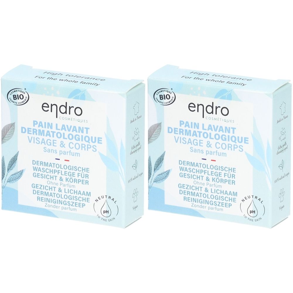 Deux boîtes carrées avec informations produit. Inscription: endro, Pain Lavant Dermatologique Visage & Corps. Certification Bio.